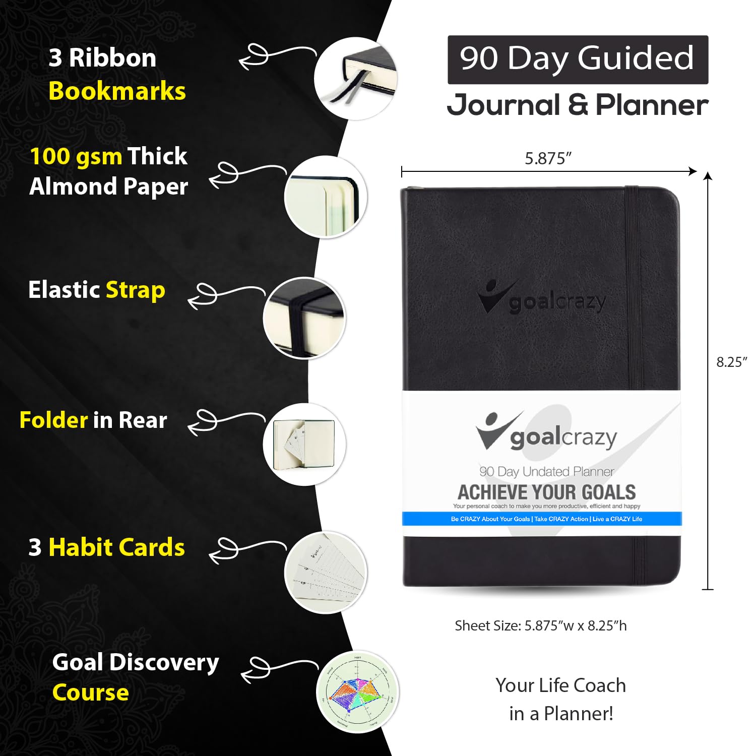 2024-2025 Undated 90-Day Planner - Weekly Productivity Journal with Habit Tracker, Goal Setting & Inspirational Quotes | Premium Leather Cover & Almond Pages (Black) | Perfect for Work, School & Personal Organization