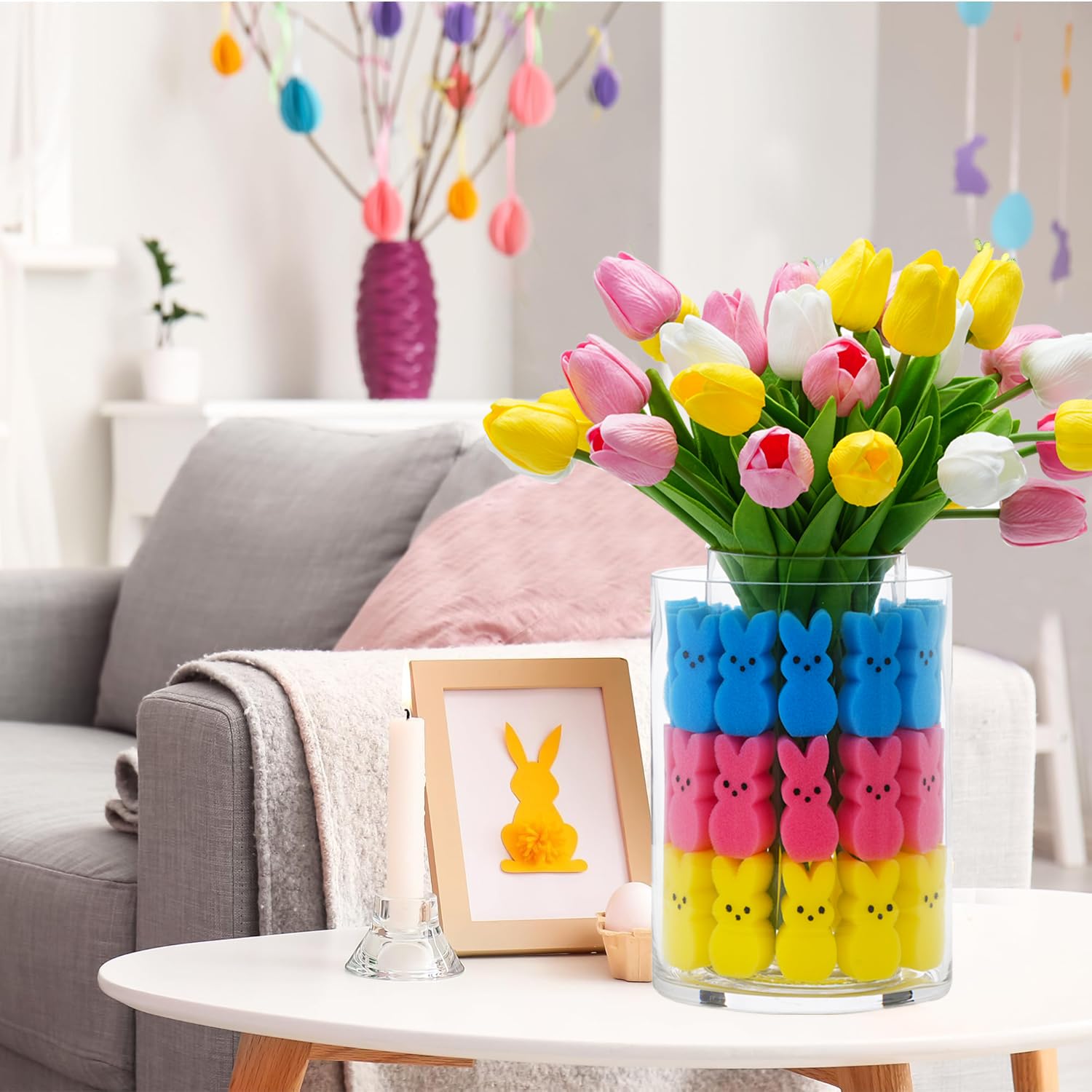 Easter Bunny Table Decorations Set - Artificial Tulips with Bunnies Vase Filler, Spring Rabbit Centerpiece for Home & Party Decor (Vase Not Included) - Perfect for Easter Celebrations, Spring Weddings & Holiday Table Settings