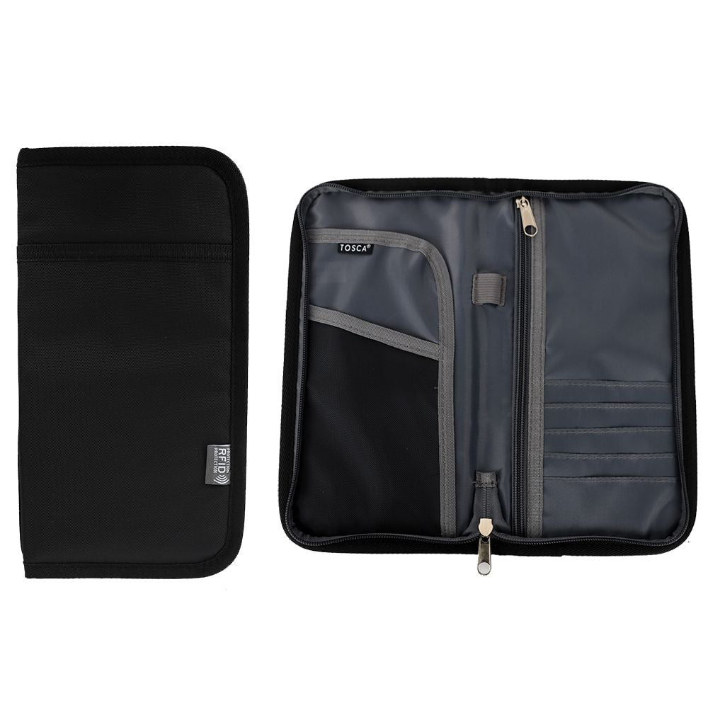 Tosca TCA010 RFID Blocking Travel Wallet - Secure Document Organizer for Passport, Credit Cards & Cash - Perfect for Business Trips & Vacations - Black