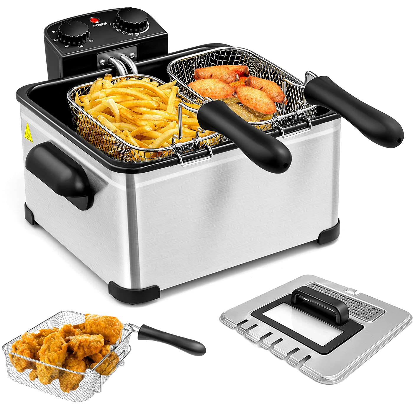 5.3QT Electric Deep Fryer with 3 Baskets - SIMOE 5L Stainless Steel Deep Fryer with 60-Minute Timer & View Window Lid - Countertop Oil Fryer with Temperature Control - Perfect for Cooking French Fries, Chicken Wings, and Party Snacks at Home