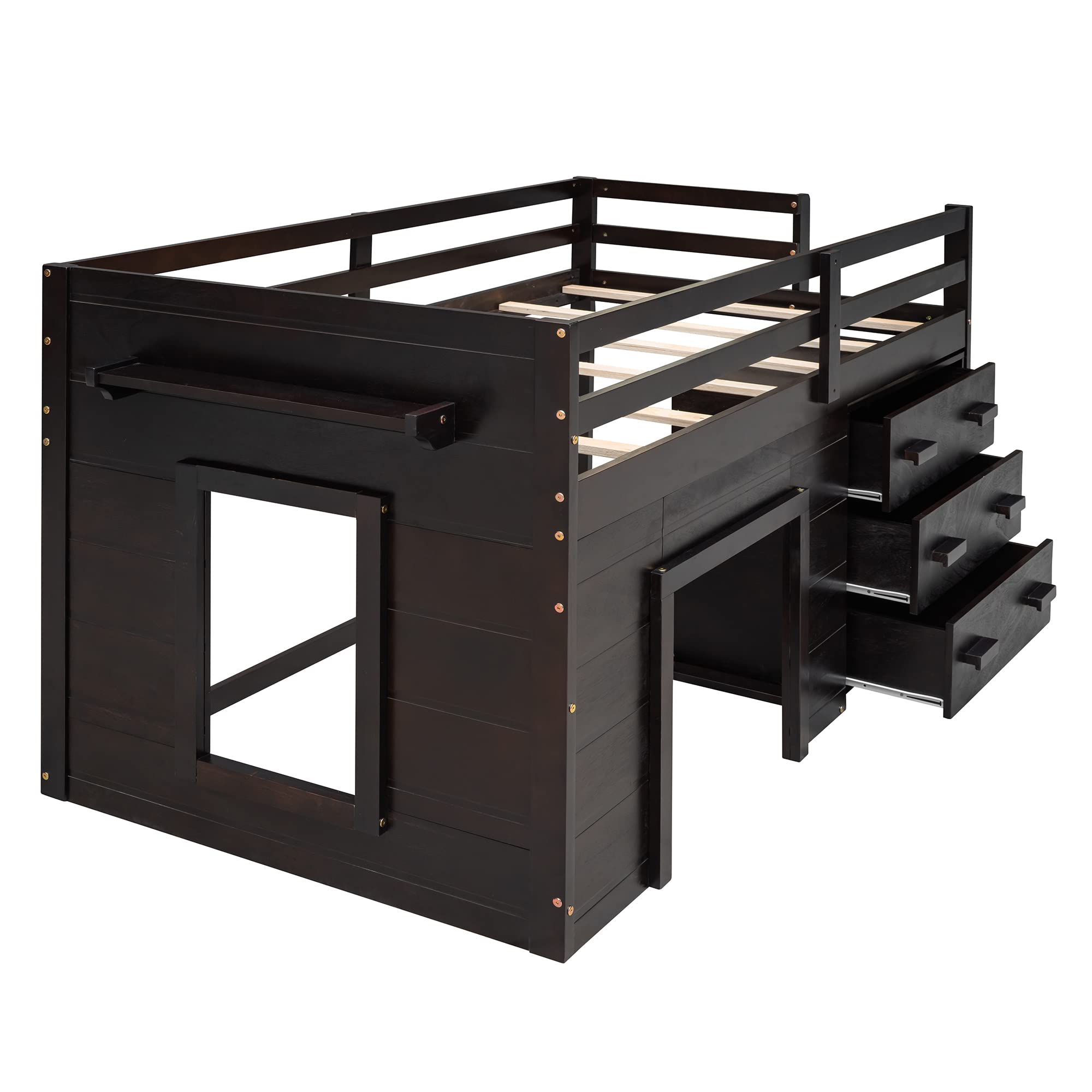 Twin Loft Bed with Storage Drawers & Cabinet - Low Loft Bed Frame with Bedside Tray - Wooden Farmhouse Style Loft Bed for Kids, Teens, Boys & Girls - Espresso Finish - Perfect for Small Bedrooms, Dorm Rooms & Space-Saving Kids' Rooms