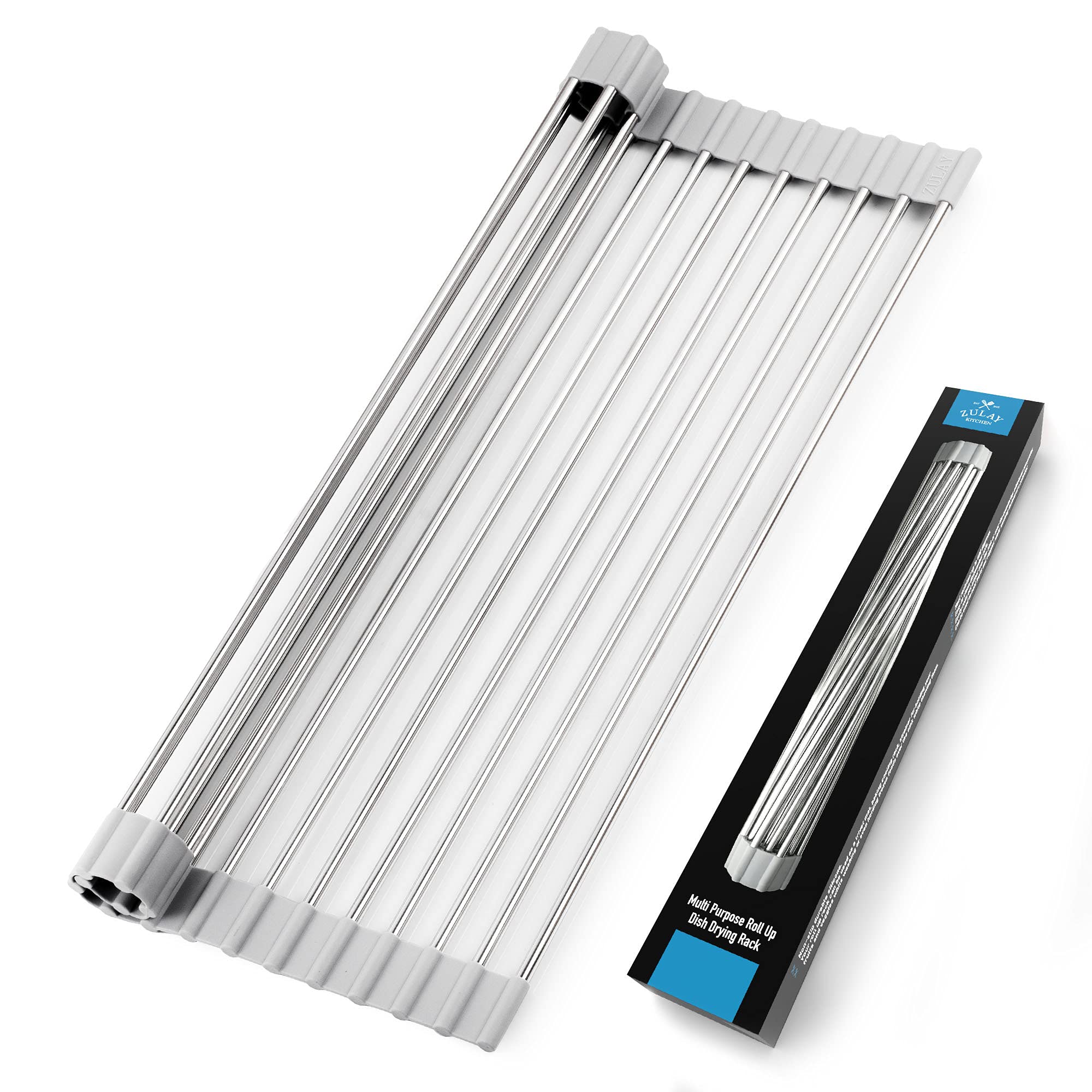 17.5 Inch Stainless Steel Roll Up Dish Drying Rack & Trivet - Heavy Duty Silicone Coated Kitchen Organizer - Space Saving Sink Drying Rack for Dishes, Utensils & Cutting Boards - Perfect for Small Kitchens, RVs & Camping (Silver) by Zulay