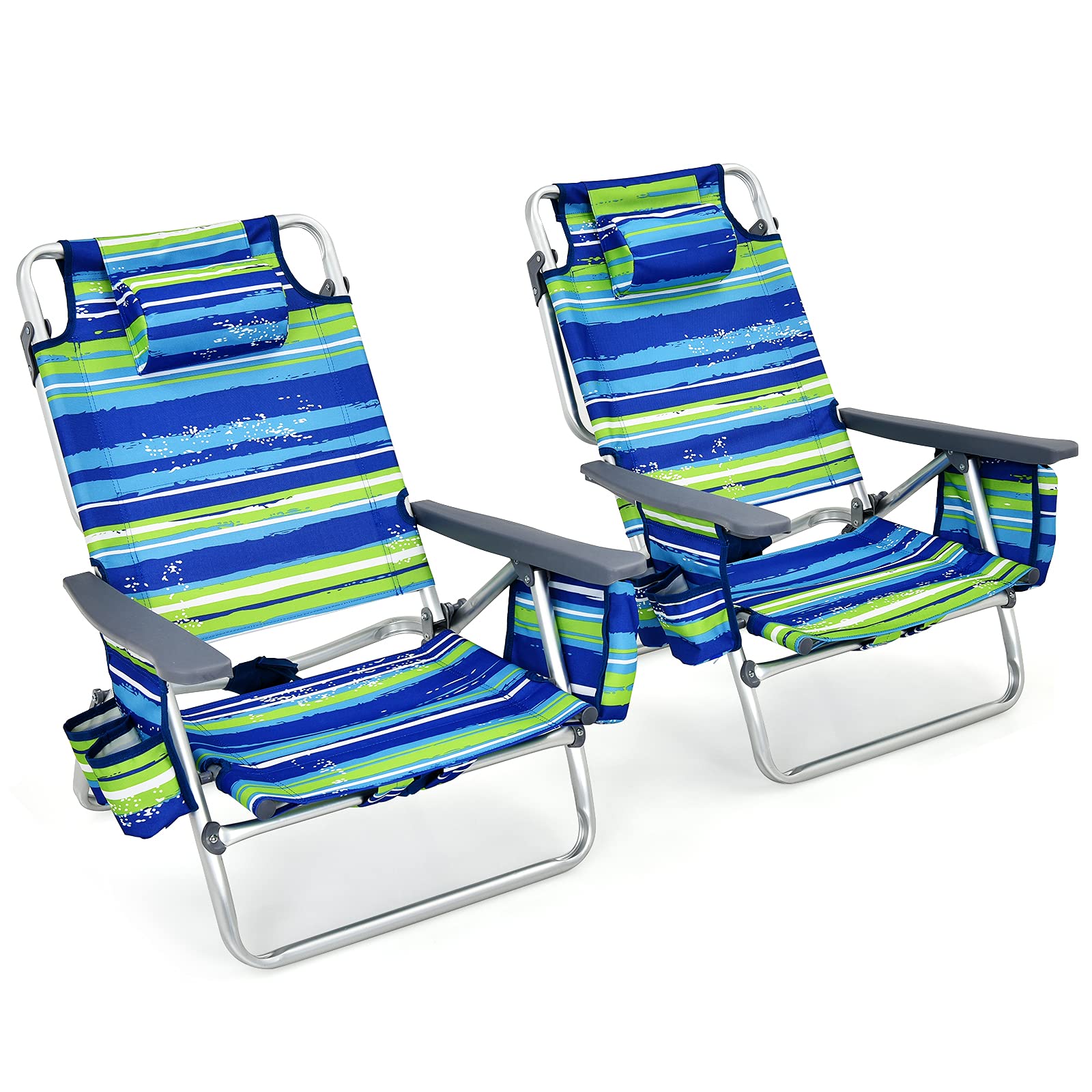 Goplus Folding Beach Chair for Adults - 5-Position Adjustable Backpack Chair with Head Pillow, Cooler Bag, Towel Bar & Cup Holders - Portable Sunbathing Lounge Chair for Beach, Poolside, Camping & Outdoor Relaxation