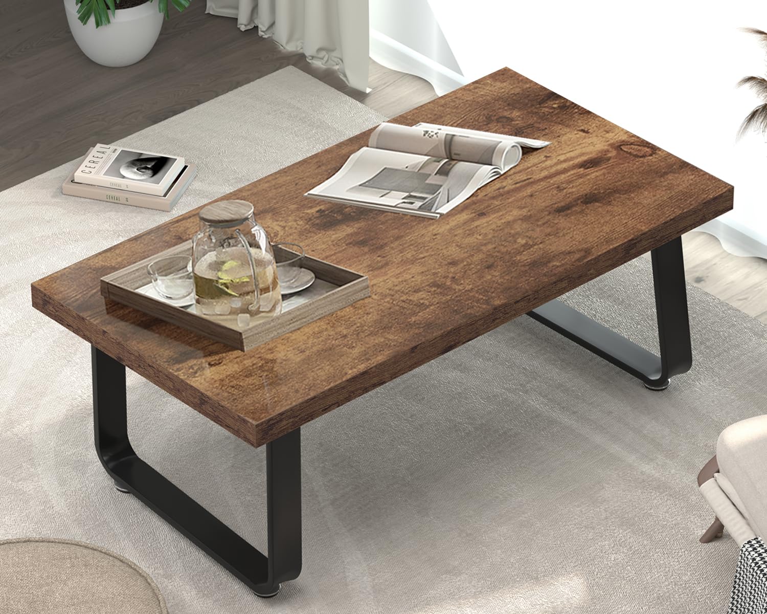 HSH Industrial Modern Wooden Coffee Table - 47 Inch Rectangle Rustic Brown Farmhouse Center Table for Living Room, Bedroom & Home Office - Minimalist Wood & Metal Cocktail Tea Table for Small Spaces & Apartment Decor