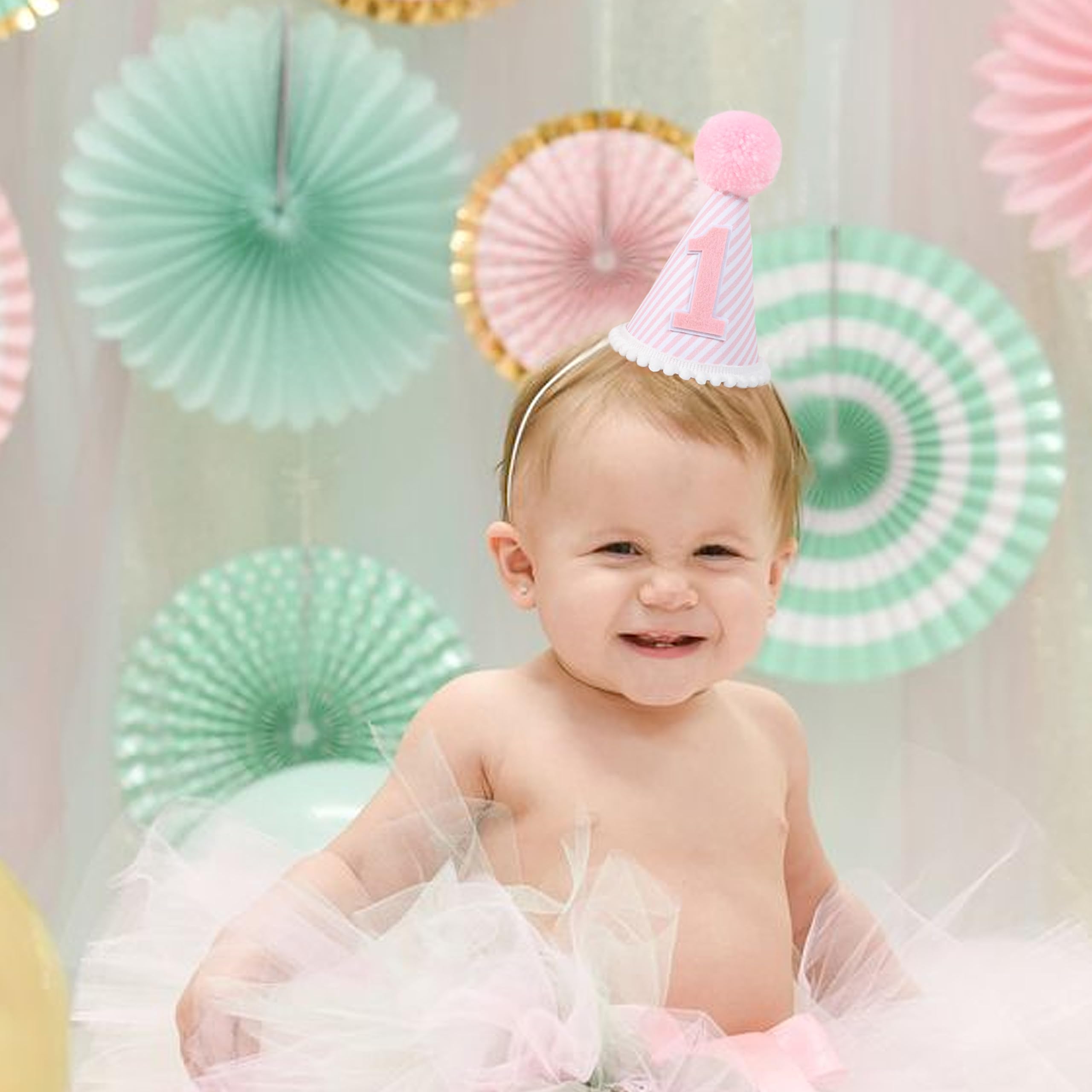 Pink & White First Birthday Party Hat for Girls - 1st Birthday Crown with Photo Props, Baby Shower Decorations, and Dress Up Accessories | Perfect for Birthday Parties, Photo Shoots, and Special Celebrations