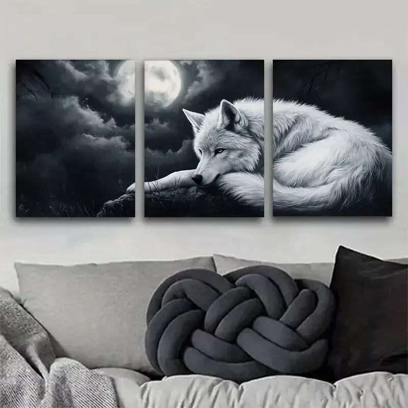 3-Piece Moonlit Wolf Dreamscape Canvas Art Set - Framed 50x70cm Wolves Wall Decor | High Quality Australian Made Print | Ready to Hang for Living Room, Bedroom, or Office