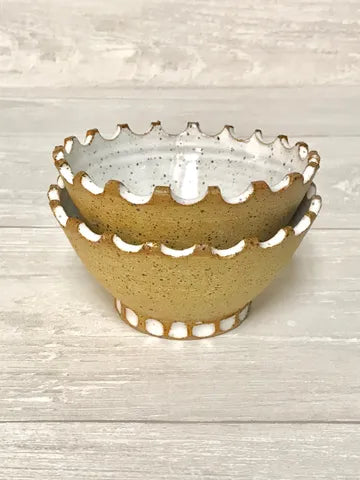 Bari Moss Ceramics Mini Bowl - White Glaze Interior, Unglazed Exterior with Sandcastle Rim - Perfect for Small Snacks, Condiments & Home Decor #S04