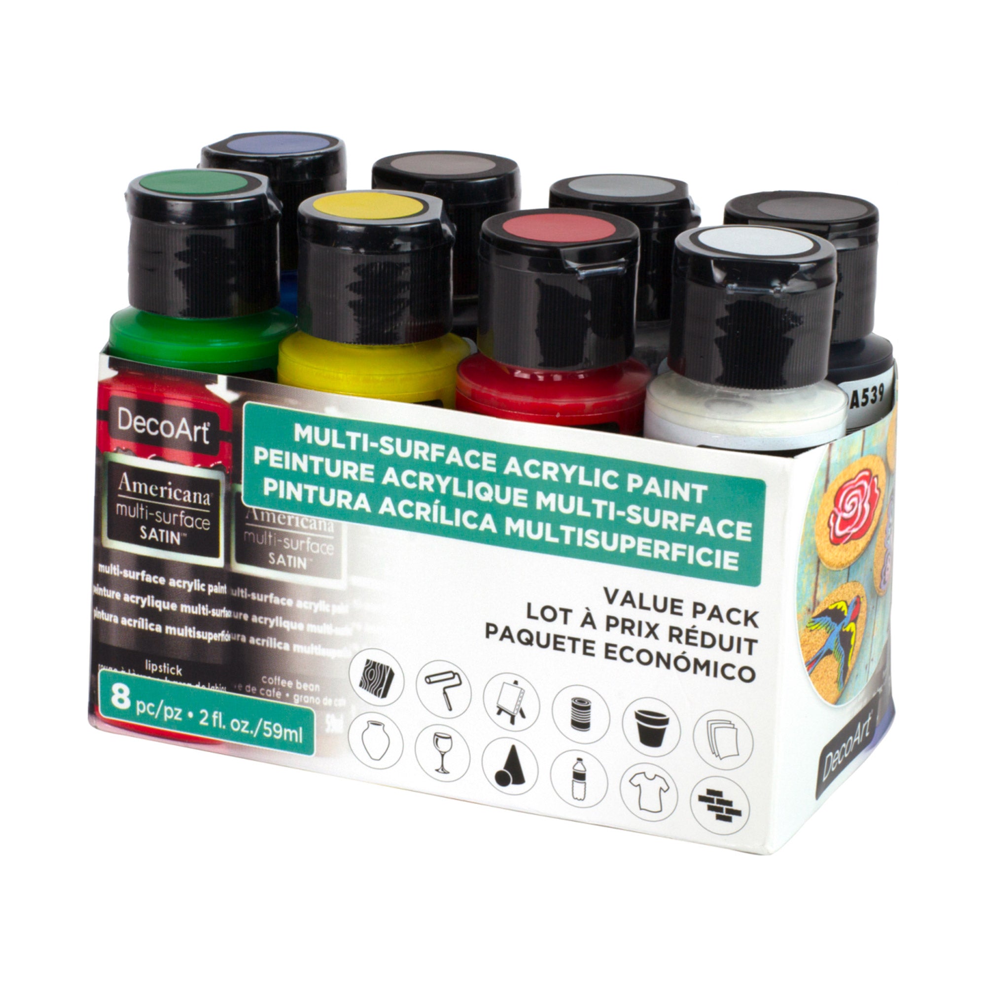 8 Pack Americana Multi-Surface Acrylic Paint Set - Satin Finish for Walls, Wood, Fabric & Crafts - Perfect for DIY Home Decor, Furniture Painting & Art Projects