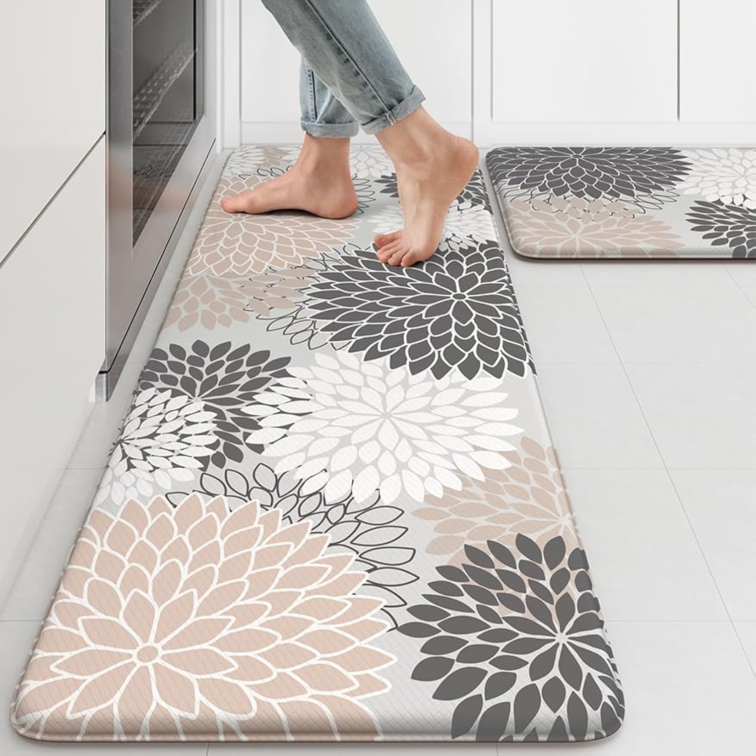 **Anti-Fatigue Kitchen Rugs Set of 2 – Non-Slip Waterproof Cushioned Floor Mats for Standing Comfort – Boho Grey Floral Design – Perfect for Kitchen Sink, Office & Laundry Areas**    *(Use Scenes: Ideal for long cooking sessions, dishwashing, standing desks, or laundry tasks to reduce foot fatigue and add stylish decor.)*