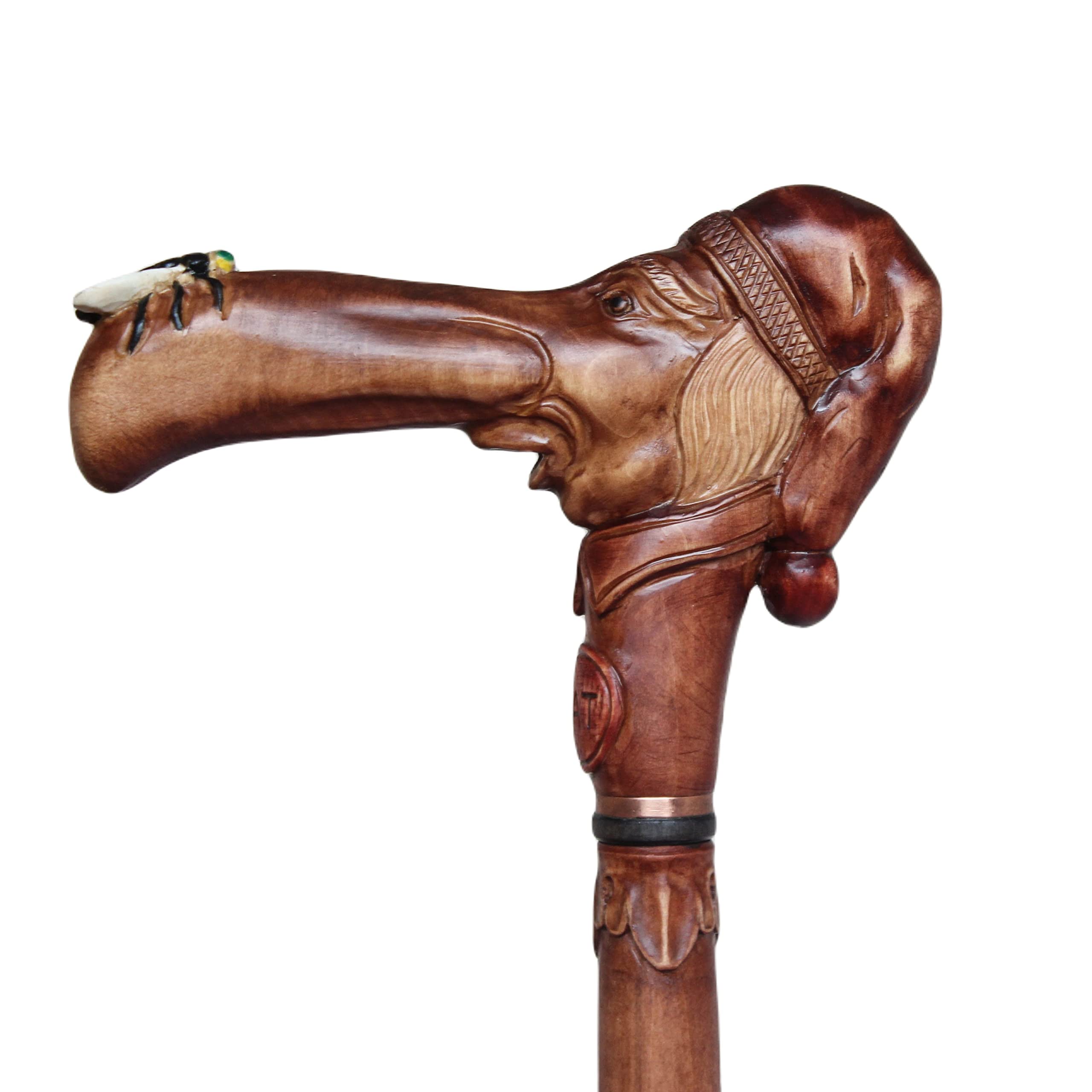 Hand Carved Wooden Walking Cane - Custom Man with Stocking Cap & Fly Design - Durable Mobility Aid for Hiking, Elderly Support & Fashion Accessory