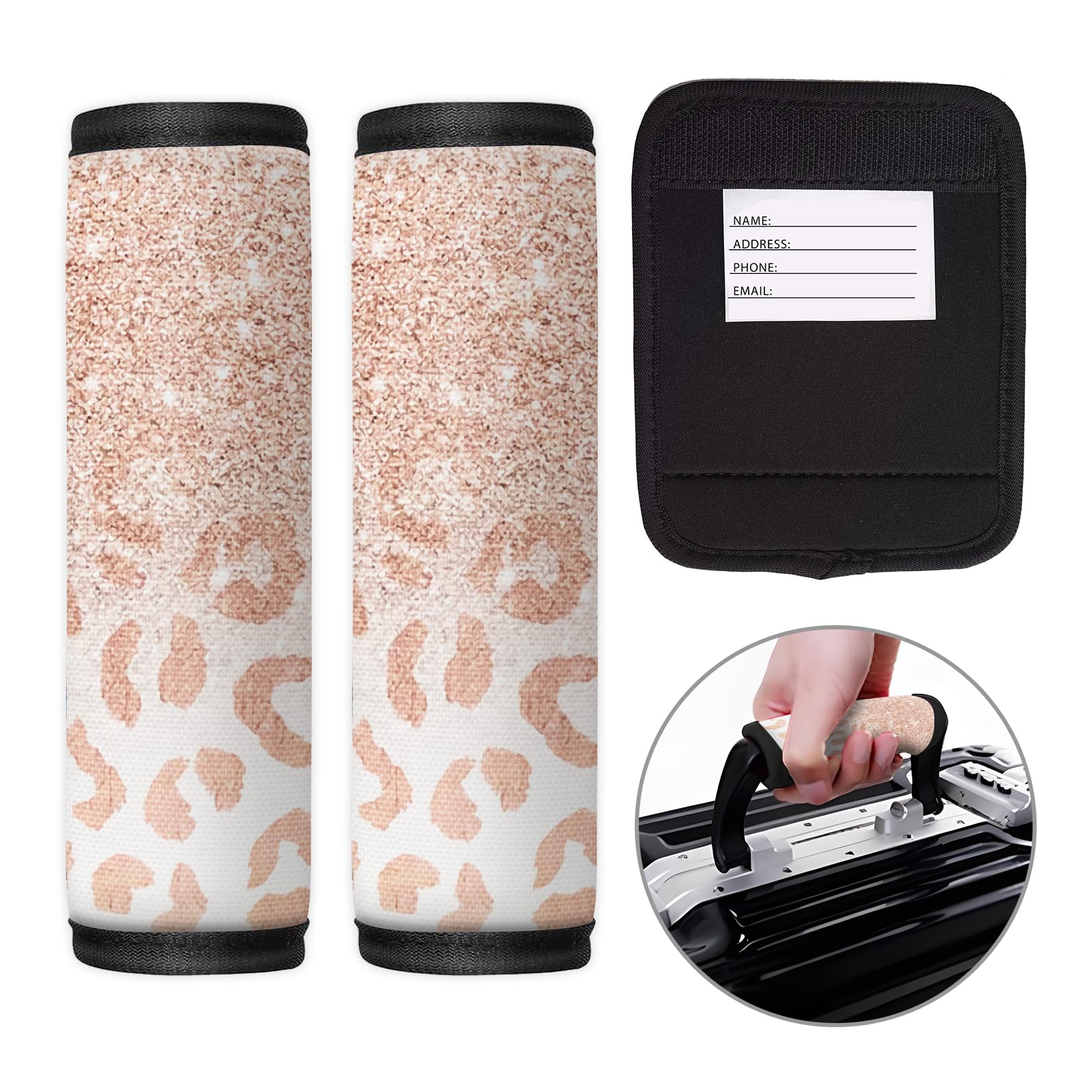 2 Pack Pink Leopard Luggage Handle Wraps & Travel Tags - Durable Suitcase Identifiers with Handle Covers - Perfect for Cruise Vacations, Air Travel & Gift Giving