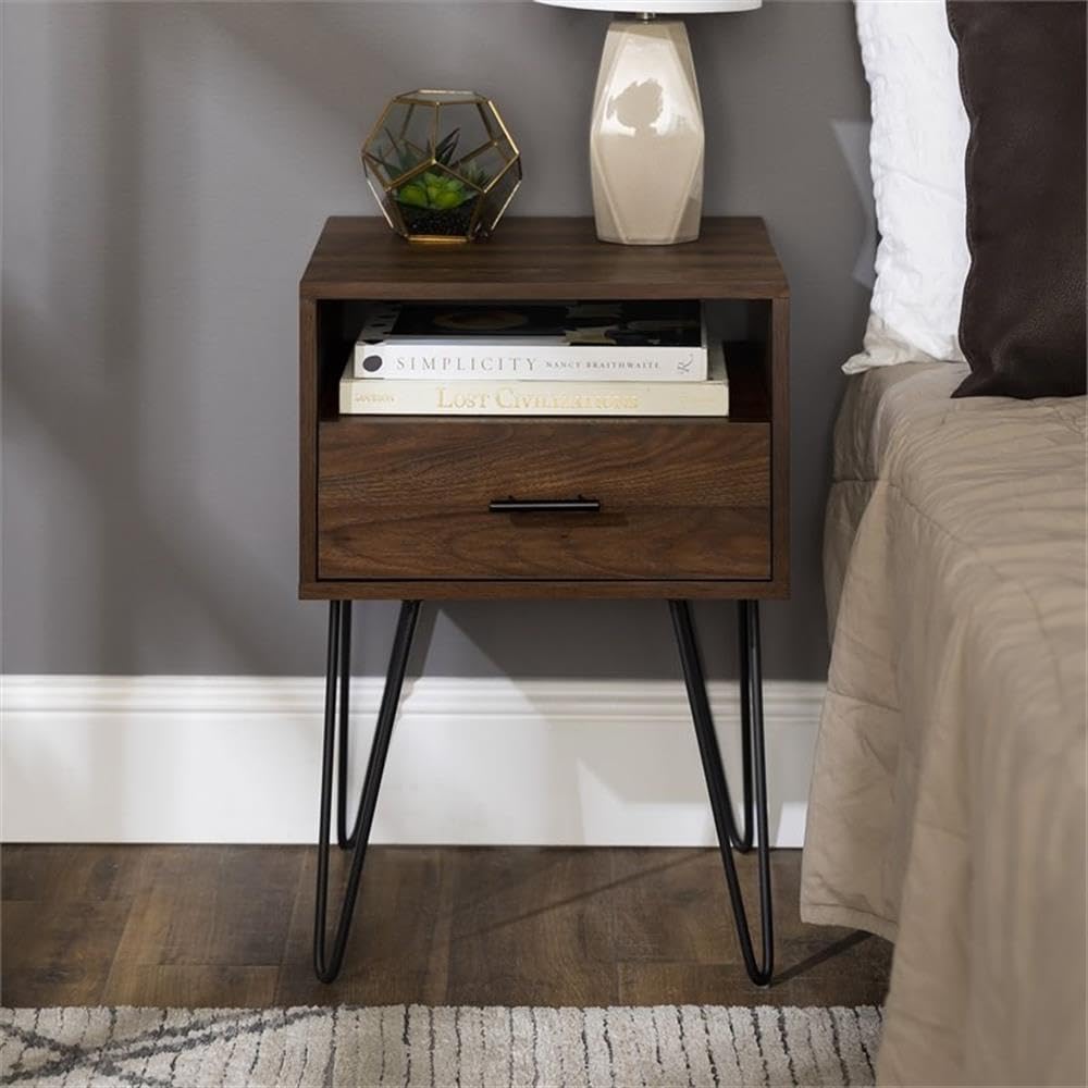 Walker Edison Hadley 2-Piece Mid-Century Modern Metal Hairpin Leg Side Table Set with 1 Drawer - Dark Walnut Finish - Perfect for Living Room, Bedroom or Office (2 Pack)
