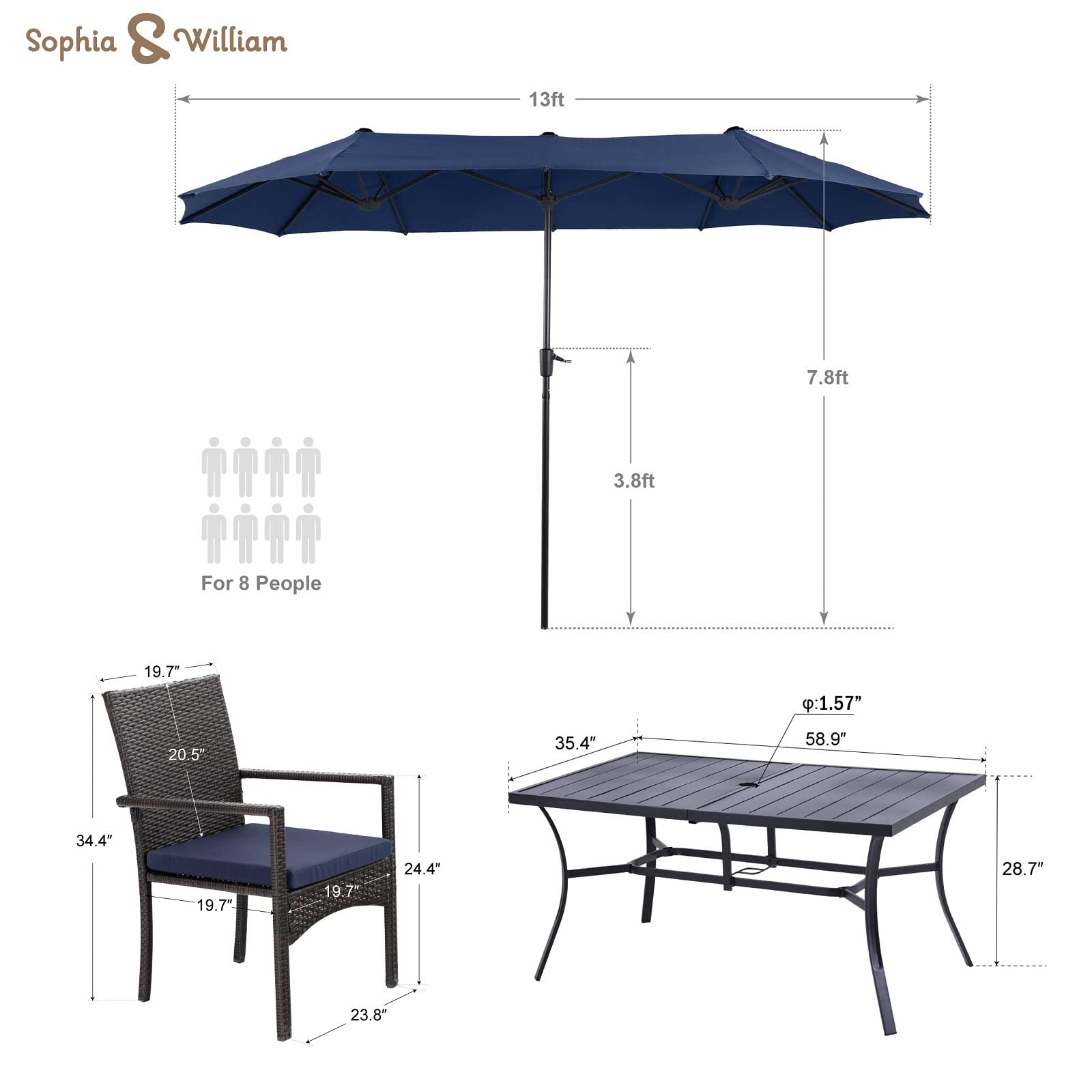 **7-Piece Navy Blue Outdoor Patio Dining Set with Umbrella - Metal Table & Cushioned Rattan Chairs for Backyard, Deck, Porch - Perfect for Family BBQs, Garden Parties & Outdoor Entertaining**