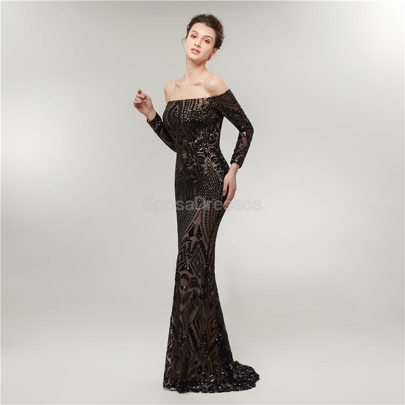 Sparkly Black Off Shoulder Long Sleeve Mermaid Prom Dress - Elegant Evening Party Gown for Formal Events, Homecoming, Pageants & Special Occasions