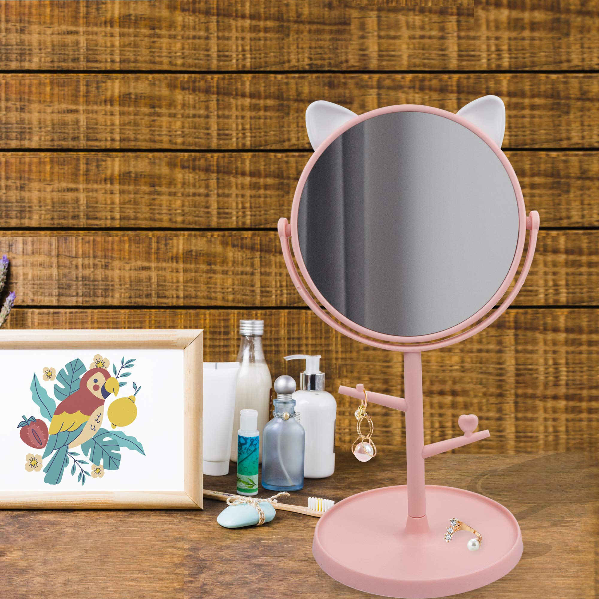 Cute Cat Ears Vanity Mirror - Kawaii Freestanding Desk Mirror with Folding Design for Bathroom, Bedroom & Dressing Table (Pink) | Perfect for Makeup, Skincare & Home Decor