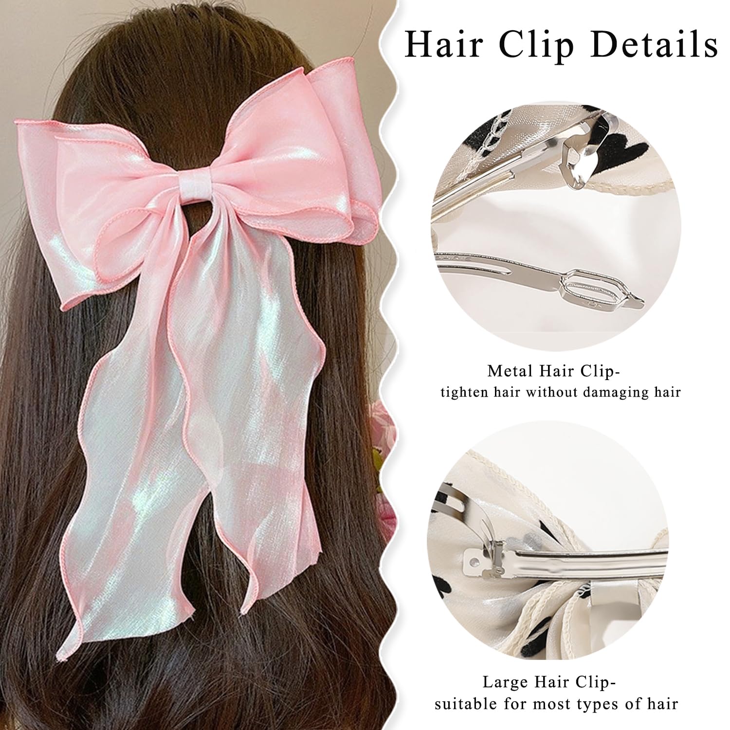 Pink Silk Hair Bows for Women - Elegant French Ribbon Hair Clips for Girls & Parties