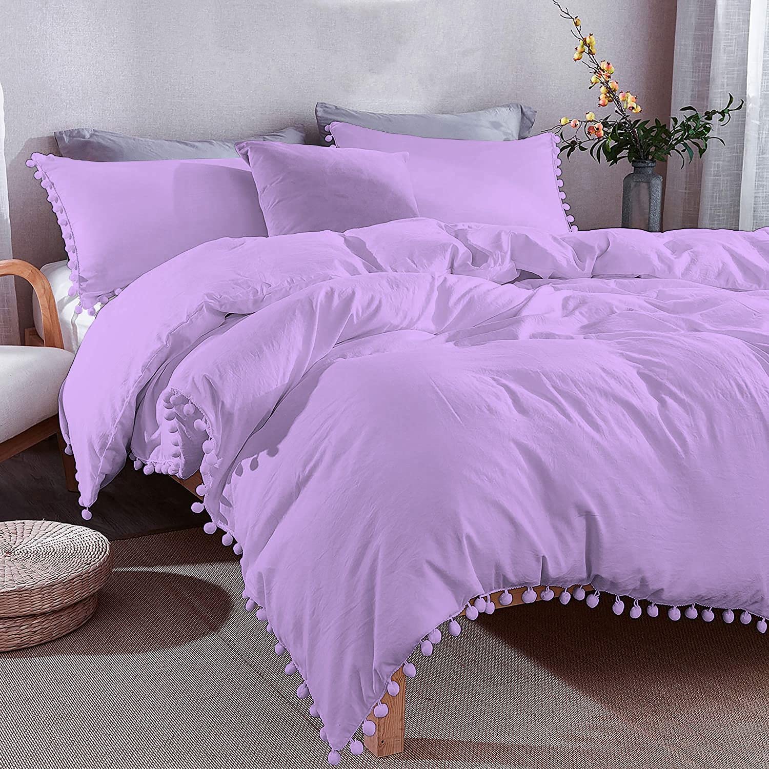 Modern Pom Fringe Duvet Cover Set - 3 Piece Bedding Set with Zipper Closure for Full/Queen Size Beds (Lilac) | Soft Down Comforter Cover for Cozy Bedrooms & Guest Rooms