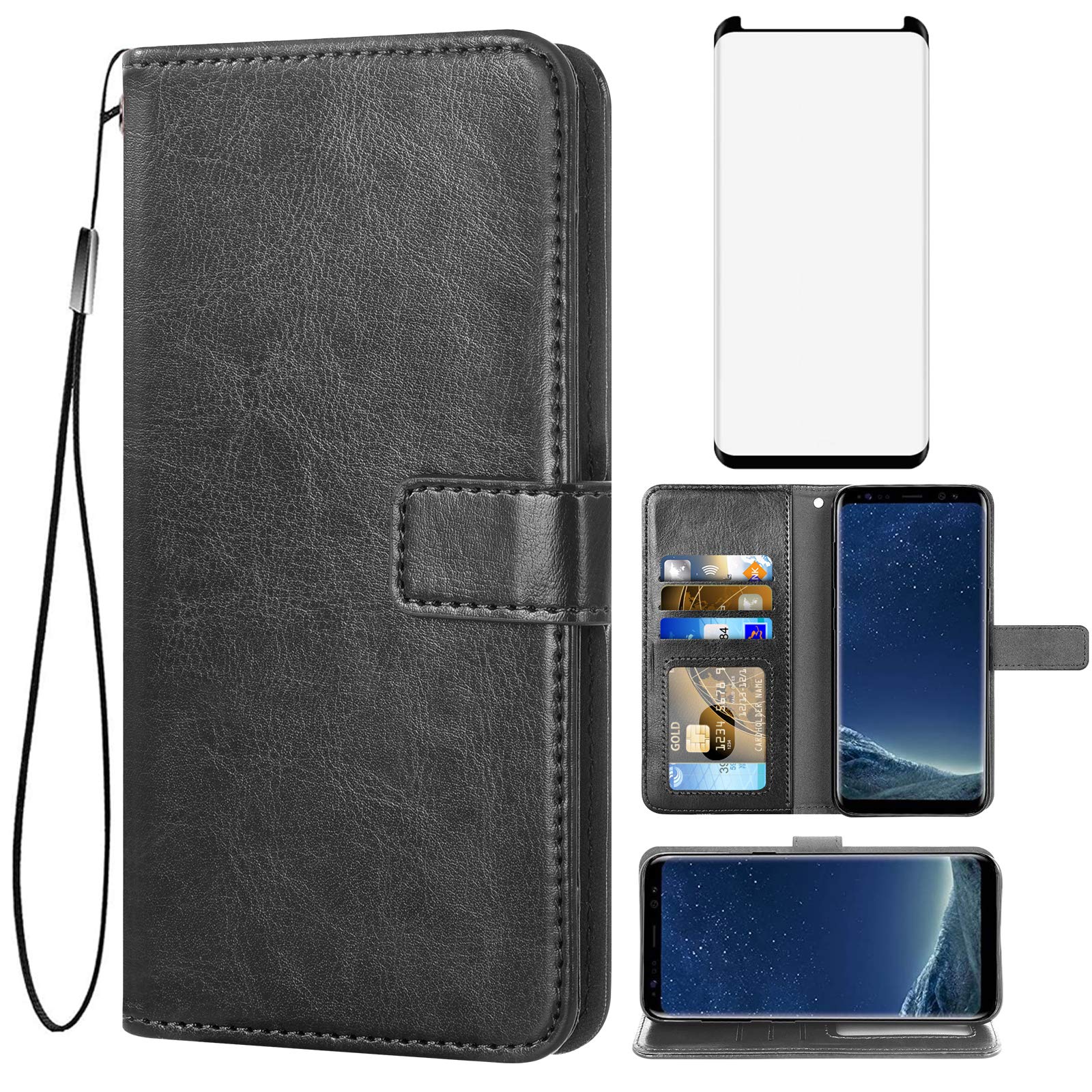Premium Samsung Galaxy S8 Plus Wallet Case with Card Holder & Tempered Glass Screen Protector | Slim Protective Cover with Stand for SM-G955U/G955F (Black) - Perfect for Business Travel, Commuting & Everyday Use