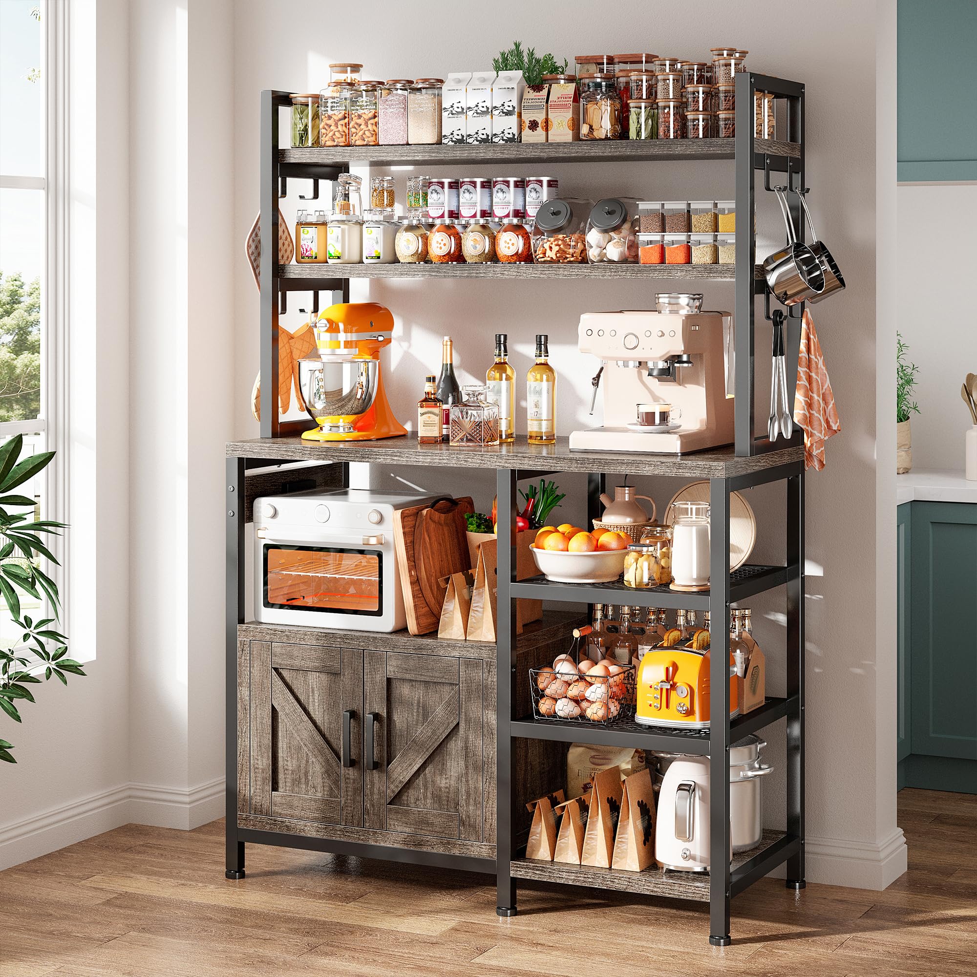 EnHomee 6-Tier Bakers Rack with Power Outlet & Storage Cabinet - Microwave Stand with Side Hooks, Kitchen Utility Shelf for Coffee Bar & Small Appliances - Perfect for Home Kitchens, Dining Rooms & Coffee Stations