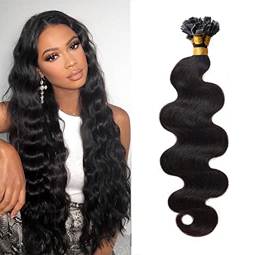 Brazilian Human Hair Extensions 100 Strands - 28 Inch Body Wave Flat Tip Keratin Hair Extensions for Women (Darkest Brown) | Natural Look for Daily Wear, Parties & Special Occasions