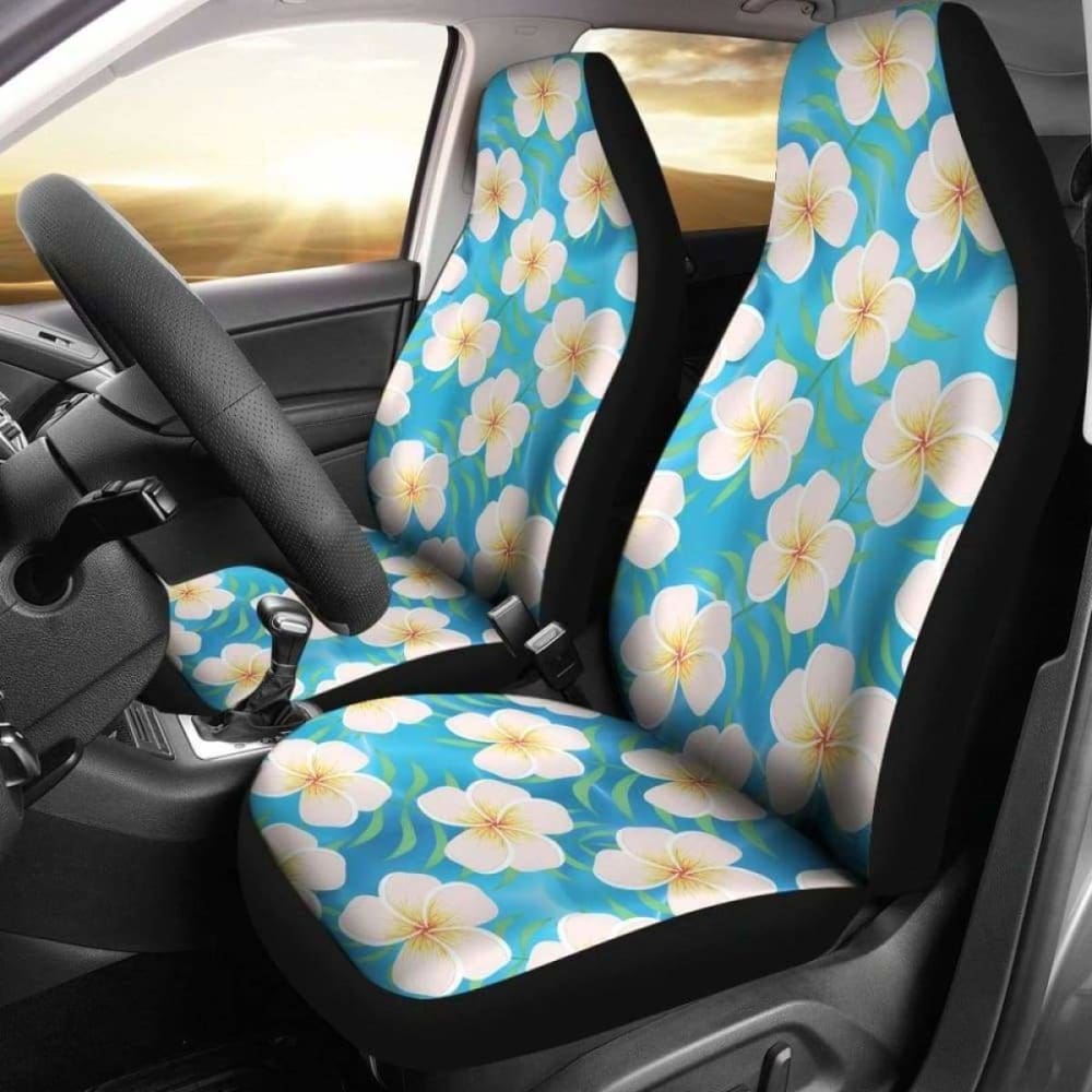 Blue Water Hawaiian Flower Car Seat Covers with Plumeria Pattern - Perfect for Island-Themed Vehicles, Beach Trips & Tropical Decor