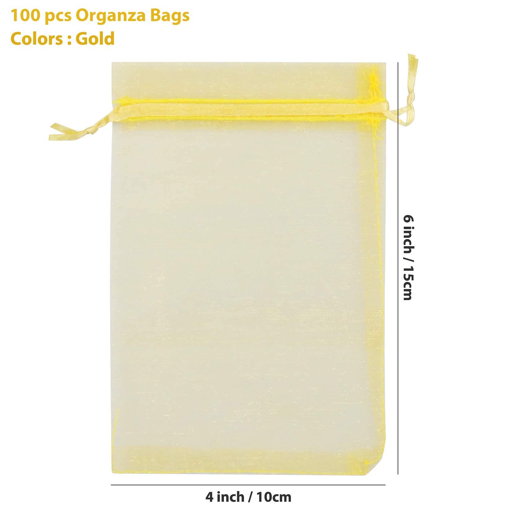ANZNKU 100 Pack 4x6 Inch Premium Organza Drawstring Bags - Golden Jewelry Gift Bags for Wedding, Party & Christmas - Sheer Mesh Favor Bags for Rings, Candies, Small Gifts & Party Favors