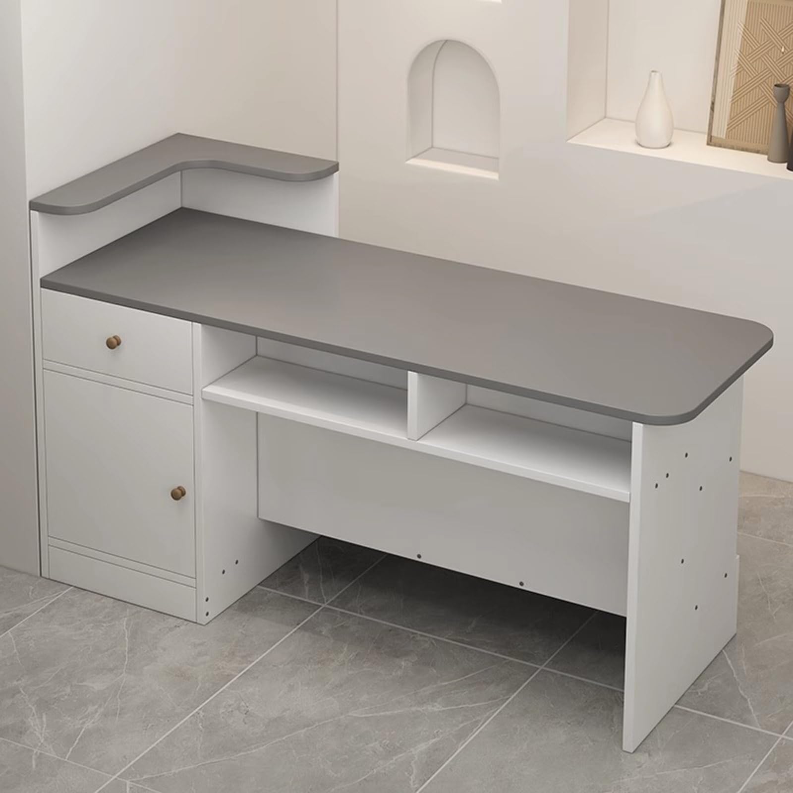 Modern L-Shaped Wooden Reception Desk Counter with Open Shelves & Drawers - Elegant Front Office Furniture for Hotels, Retail Stores, Beauty Salons & Convenience Stores - Perfect for Checkout, Cashier & Customer Service Areas