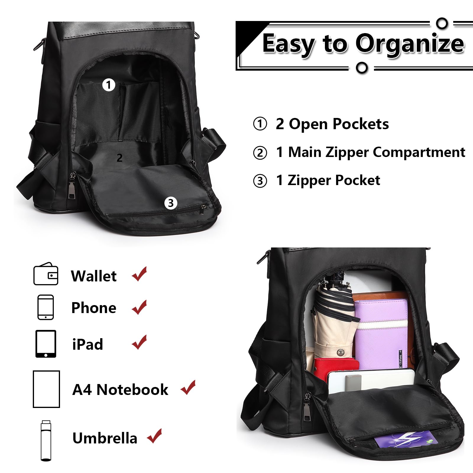 Miss Lulu Anti-Theft Nylon Backpack for Women - Lightweight Travel Rucksack with USB Charging Port (Black, Red, Brown, Grey, Beige) - Perfect for Commuting, College, Hiking & Daily Use
