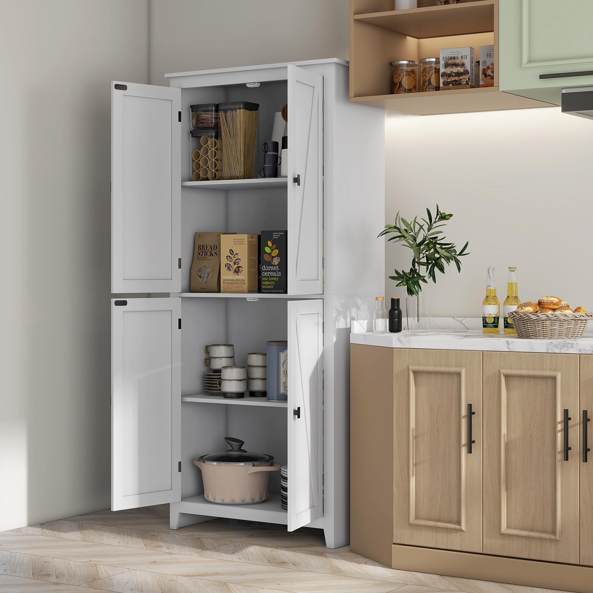 HOMCOM 72 Inch Freestanding Kitchen Pantry Cabinet - Farmhouse Style Tall Storage Cabinet with 4 Doors & Adjustable Shelves for Dining Room, Living Room, Kitchen - White Organizer for Food, Dishes & Home Essentials