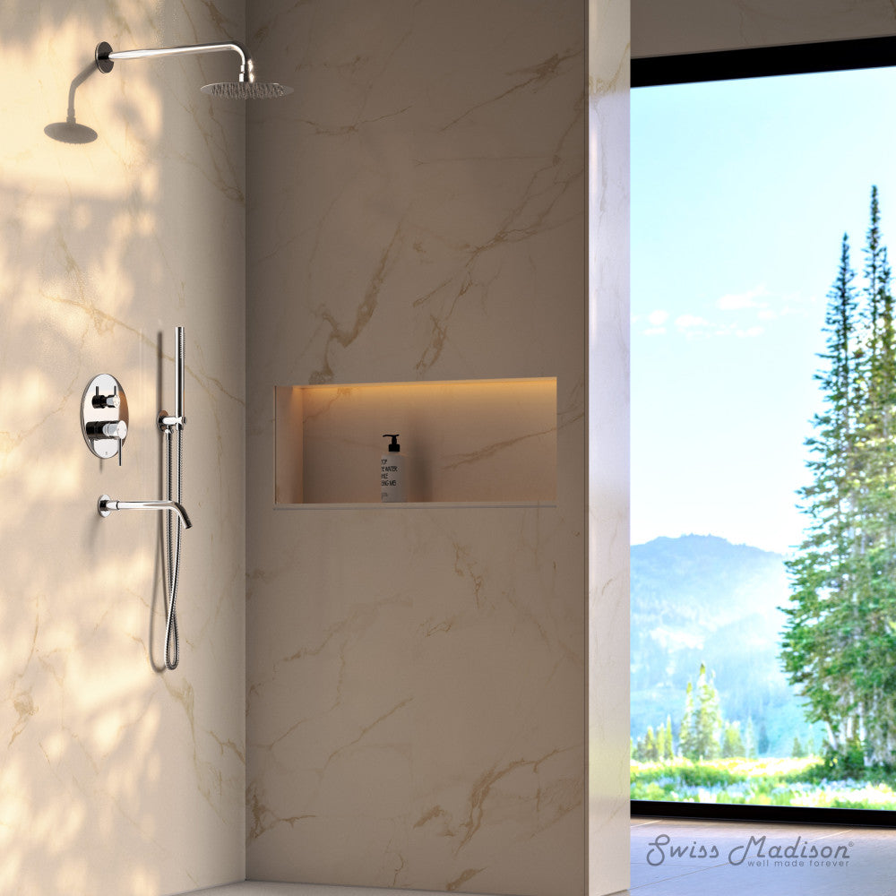 1.8 GPM Polished Chrome Wall Mount Shower System with Fixed Shower Head, Handheld Sprayer & Tub Filler - Complete Valve Included | Perfect for Bathroom Renovation & Spa-Like Shower Experience