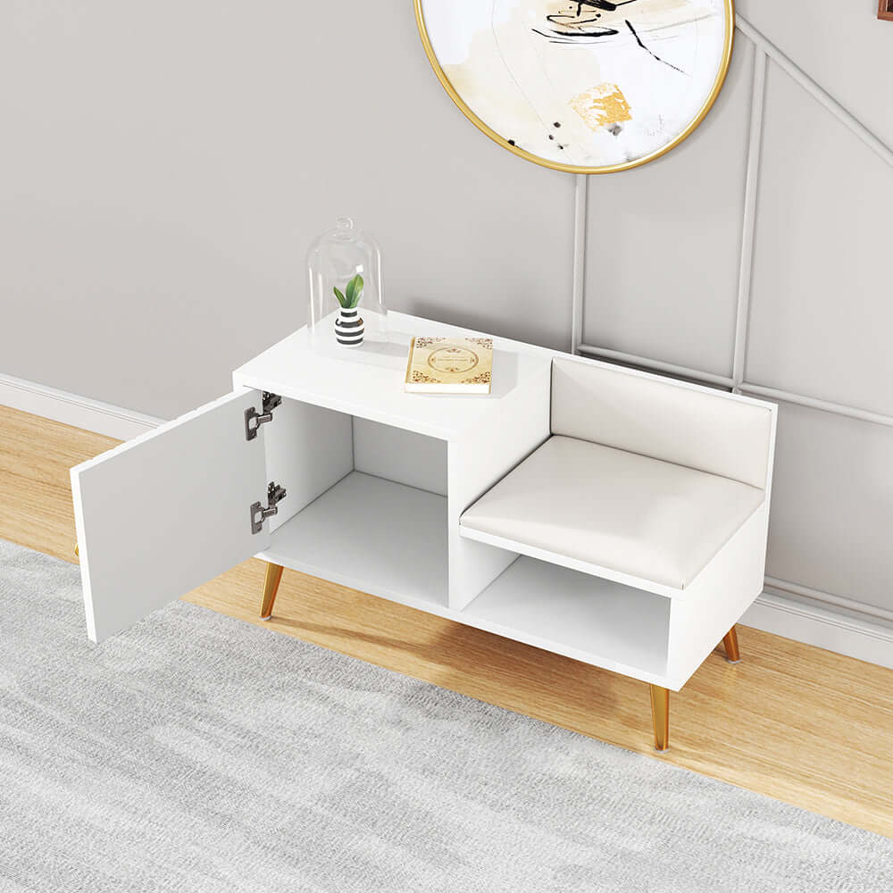Modern White Upholstered Shoe Storage Bench with Cabinet & Shelf - Entryway Organizer for Hallway, Bedroom or Mudroom - Space Saving Shoe Rack with Seat
