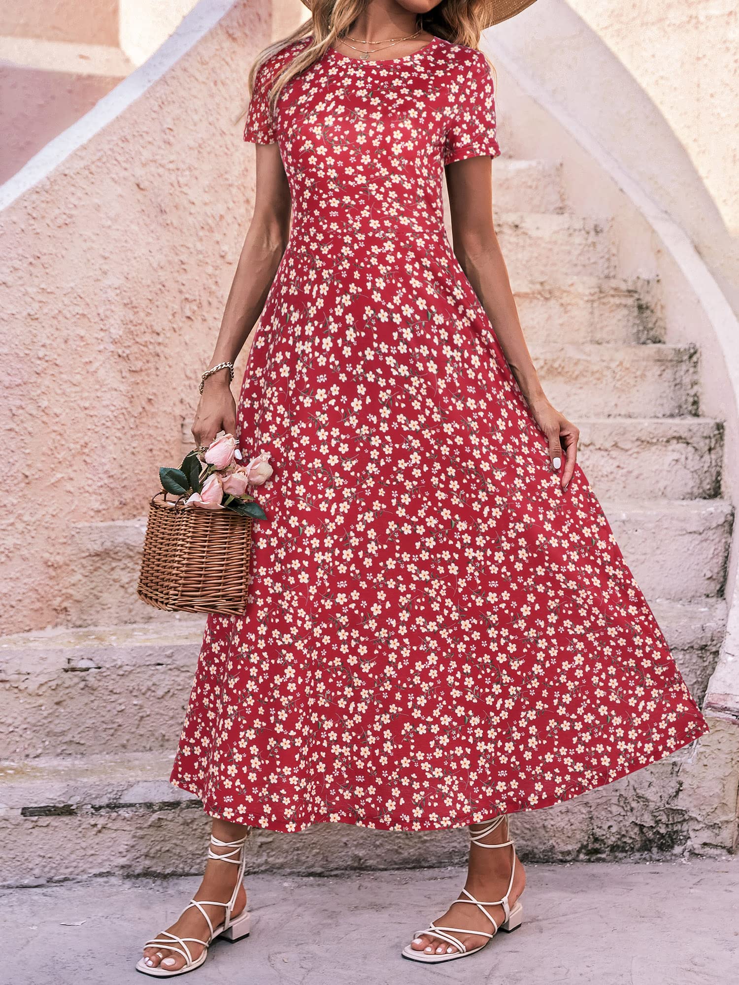 ZABERRY Women's Flowy Maxi Dress with Pockets - Short Sleeve Round Neck Casual Summer Spring Dress 2024 | Beach Vacation, Date Night, Outdoor Party Wear