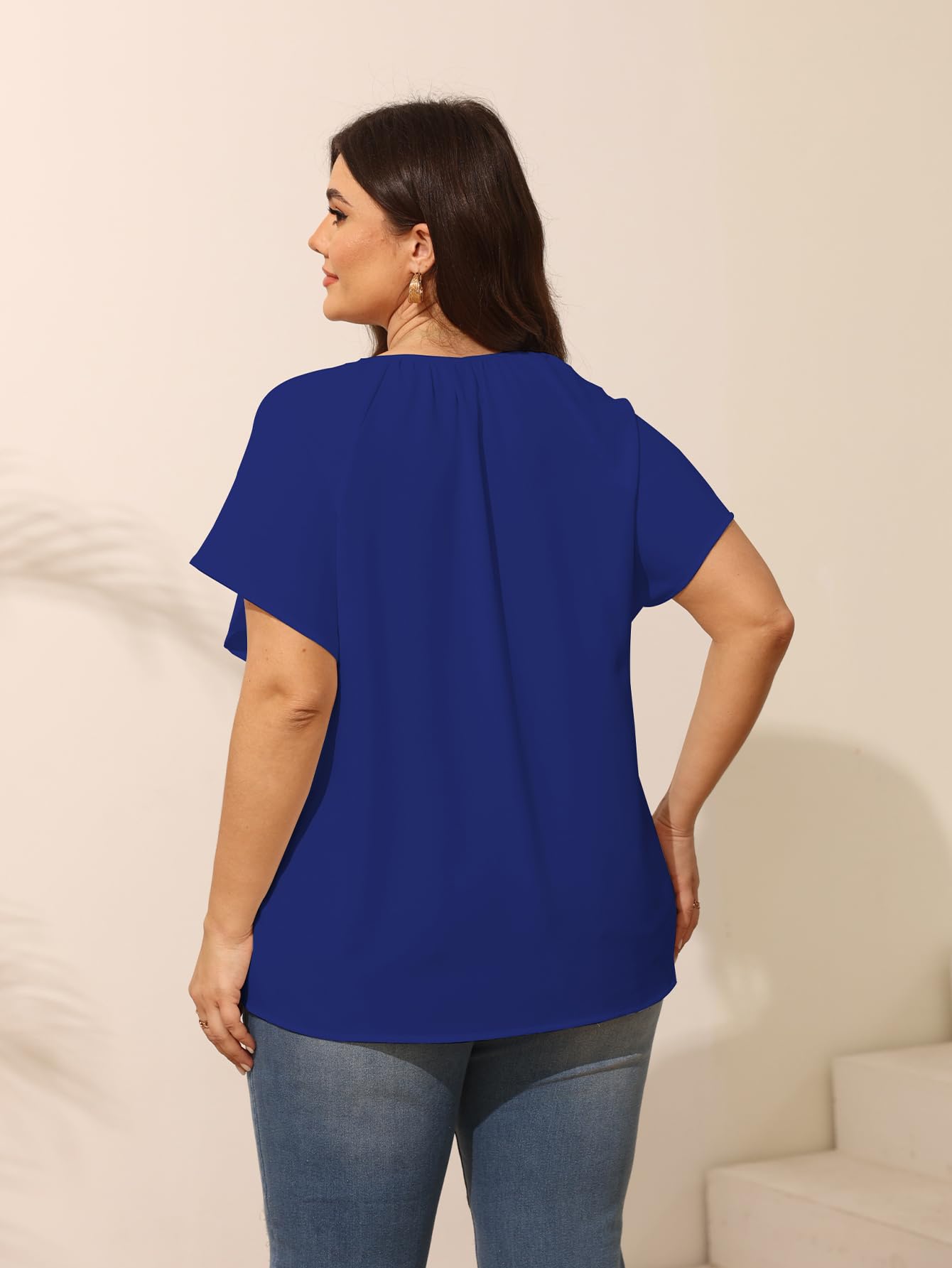 Plus Size V Neck Short Sleeve Blouses for Women - Loose Flowy Summer Tops with Drawstring - Casual Comfort Shirts for Work, Vacation & Everyday Wear