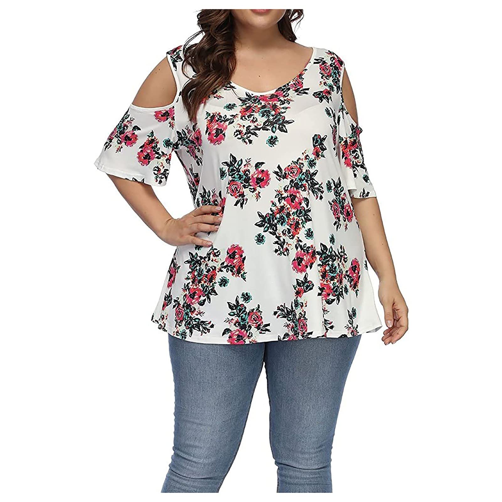 Plus Size Pink High Low Tops for Women - Floral Print Round Neck Short Tunic with Sweet Sleeve - Casual Summer Outfit for Plus Size Women | Perfect for Date Night, Beach Wear & Everyday Fashion
