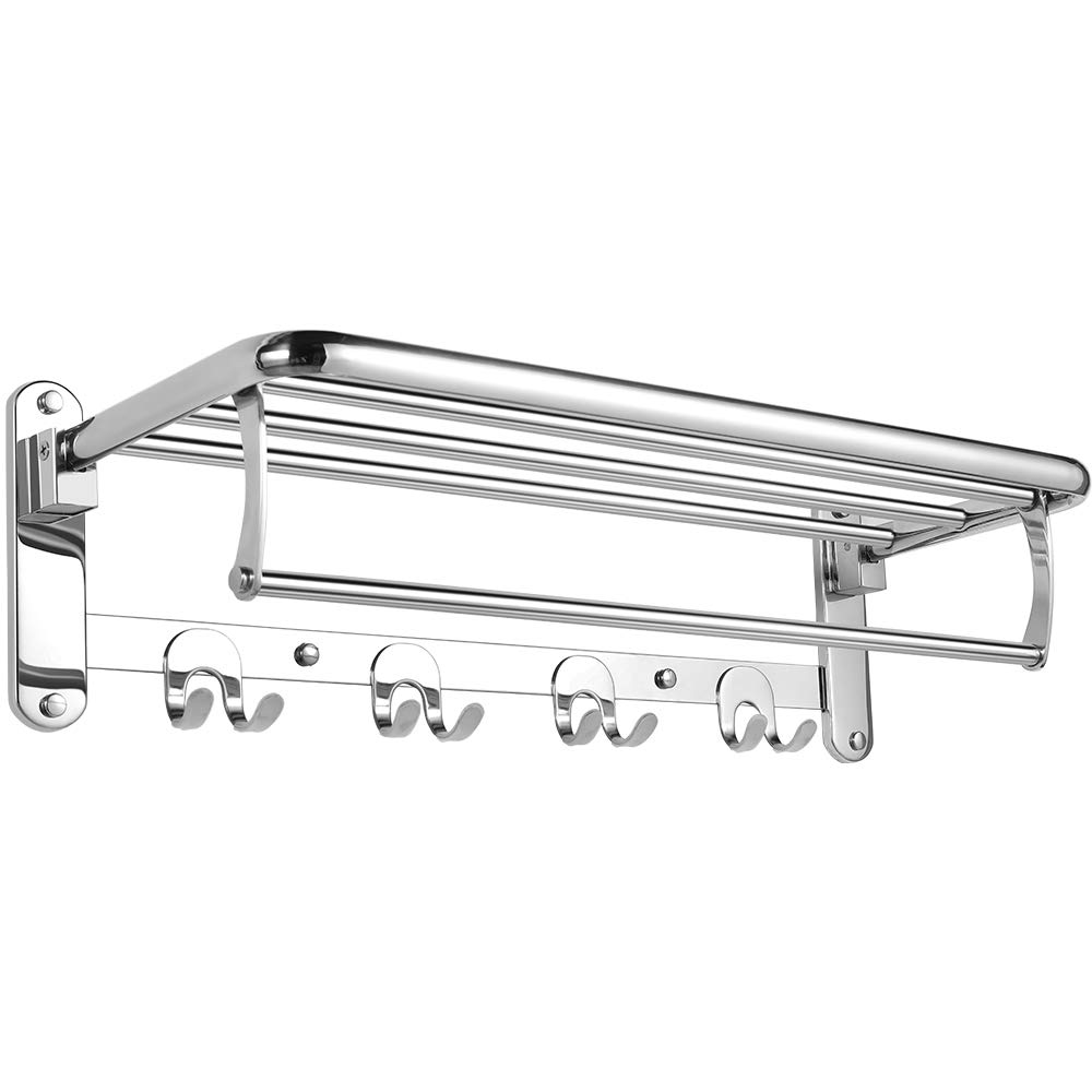 HOONEX 24 Inch Foldable Stainless Steel Towel Rack - Wall Mounted Bathroom Organizer with Adjustable Towel Bar & Hooks - 304 Polished Silver - Perfect for Small Spaces, Apartments, and Modern Bathroom Decor
