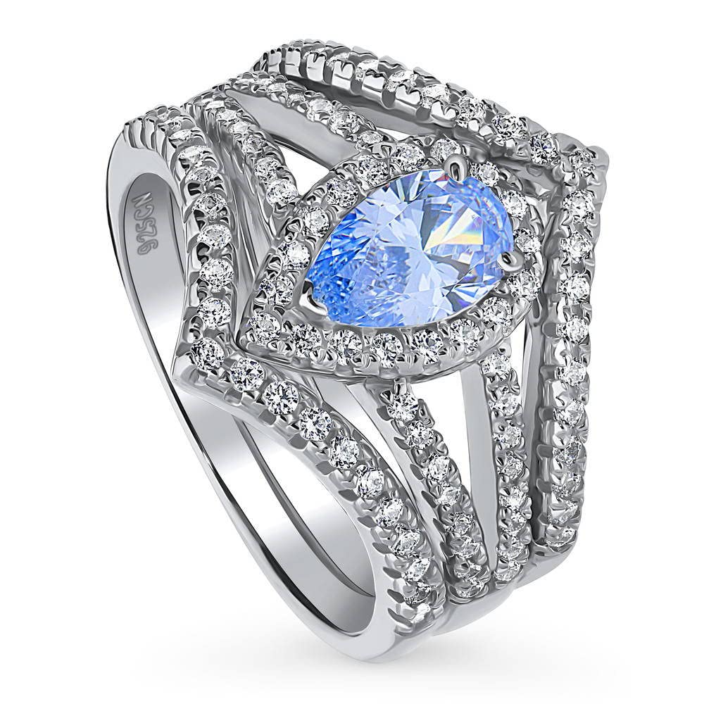 BERRICLE Sterling Silver Halo Wedding Engagement Ring Set - Blue Pear Cut Cubic Zirconia CZ Wishbone Split Shank Ring for Women, Rhodium Plated, Size 4-10 | Perfect for Proposals, Anniversaries & Bridal Jewelry Gifts