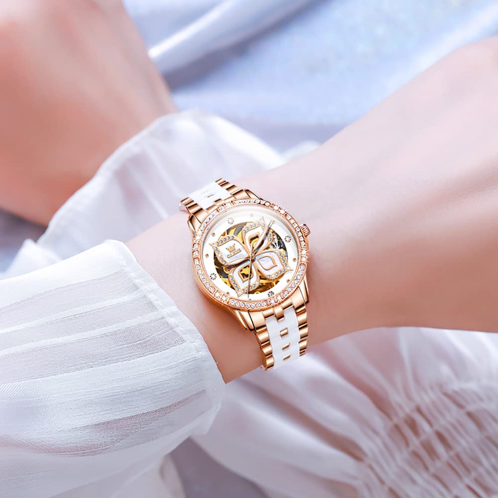 OLEVS Women's Automatic Watch - Premium Large Face Diamond Accented Self-Winding Ladies Dress Watch | Waterproof, Two-Tone Stainless Steel & Ceramic Bracelet | Perfect for Business, Formal Events & Everyday Wear