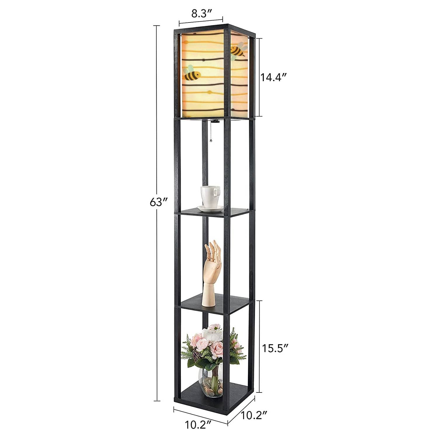 **Honey Bee Kids Seamless Cute Bumblebee & Stripes Cartoon Standing Lamp with Shelves - Flaxen Fabric Shade Floor Lamp for Living Room, Bedroom, Nursery - Tall Corner & Bedside Aesthetic Decor Lighting**    *(Use: Perfect for kids' rooms, cozy reading nooks, or as a stylish accent light in living spaces.)*