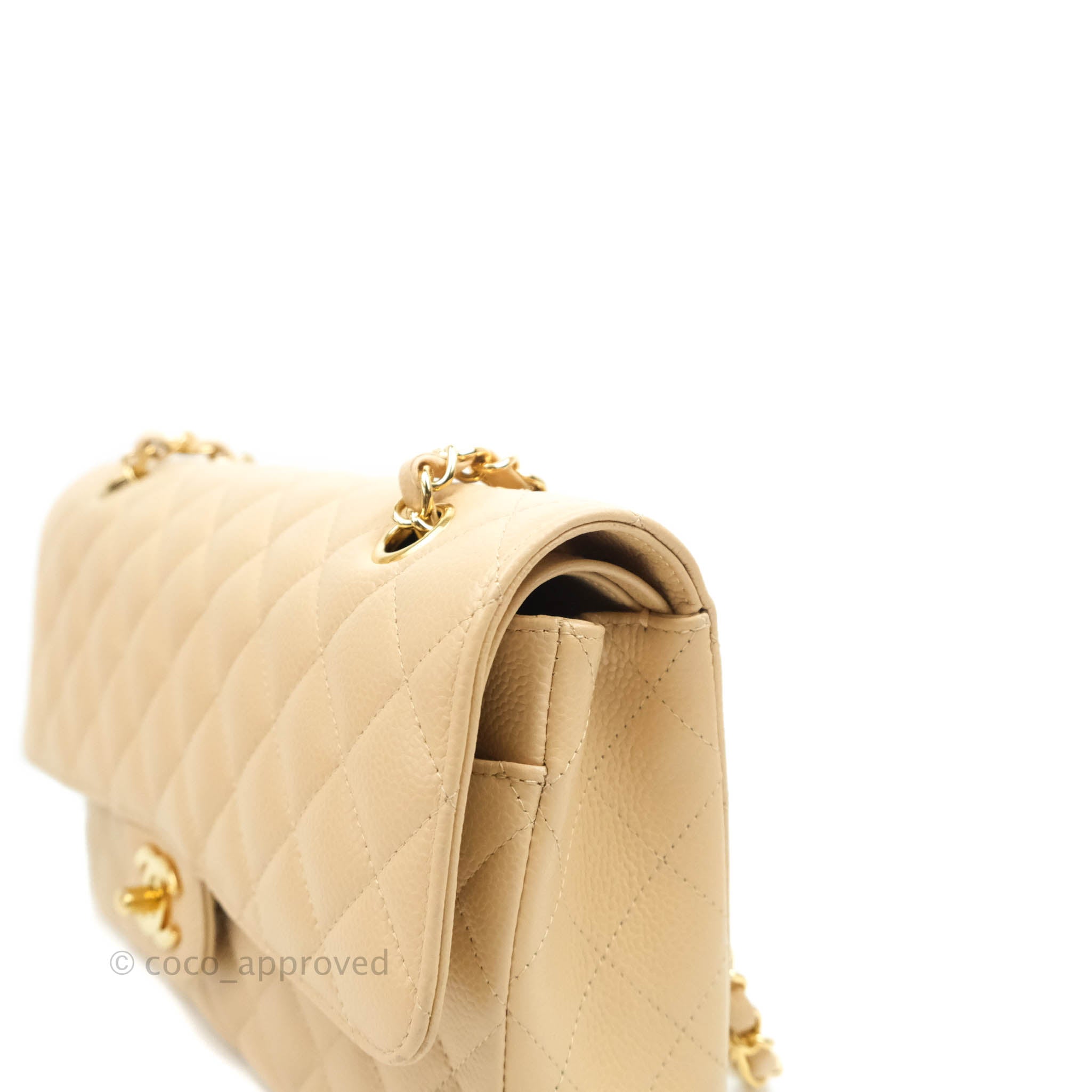 Chanel Classic Medium Double Flap Bag in Beige Caviar Leather with Gold Hardware - Luxury Designer Handbag for Women, Perfect for Work, Evening Events & Special Occasions