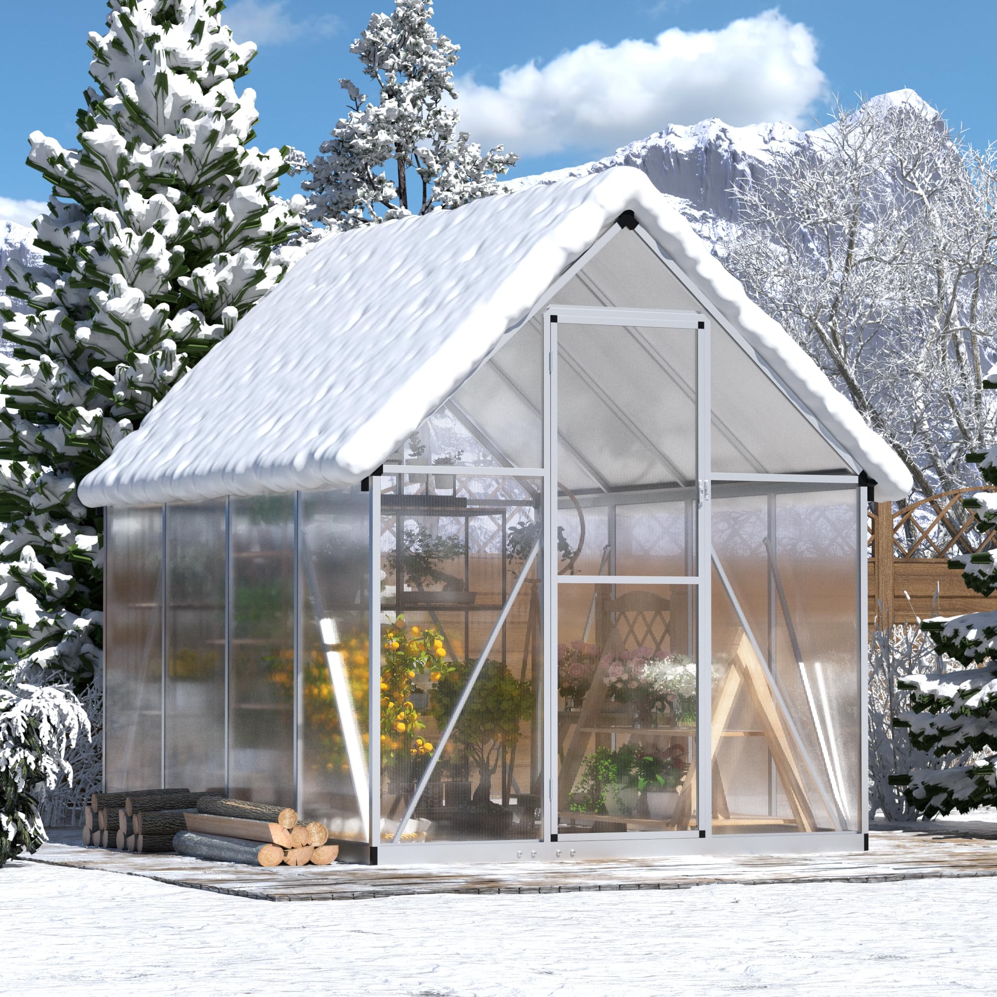 6x8 FT Polycarbonate Greenhouse for Outdoors - Quick Assembly Aluminum Walk-in Greenhouse with Roof Vent | Durable Garden Greenhouse for Backyard, Patio & Plant Nursery (Silver)