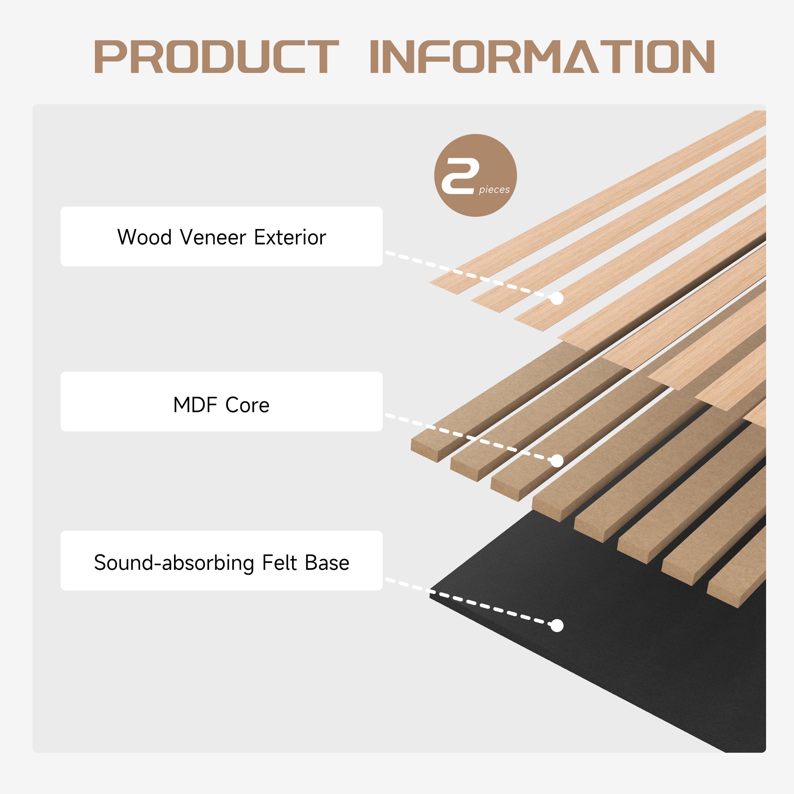 2 Pack Oak Wood Slat Wall Panels - 8x1 ft Decorative Acoustic Wood Panels with Felt Backing for Modern Interior Wall Decor | Bedroom, Living Room, Office & Commercial Space Soundproofing