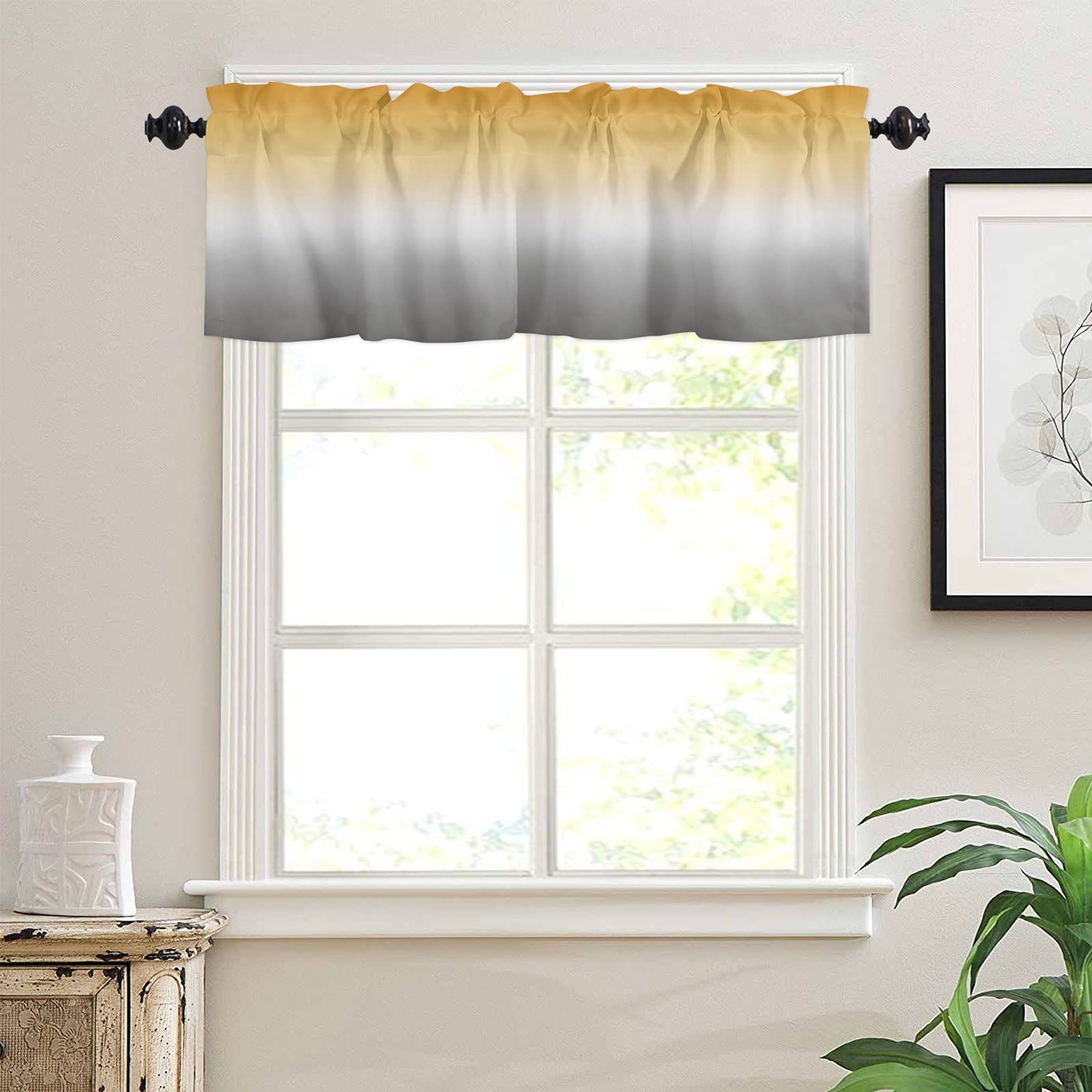 Ombre Yellow Gray Window Valance Curtain - Rod Pocket Design for Living Room, Kitchen, Bathroom - Soft & Washable Small Window Treatment (54x18 Inch, 1 Panel) - Perfect for Cozy Home Decor & Small Window Covering Needs