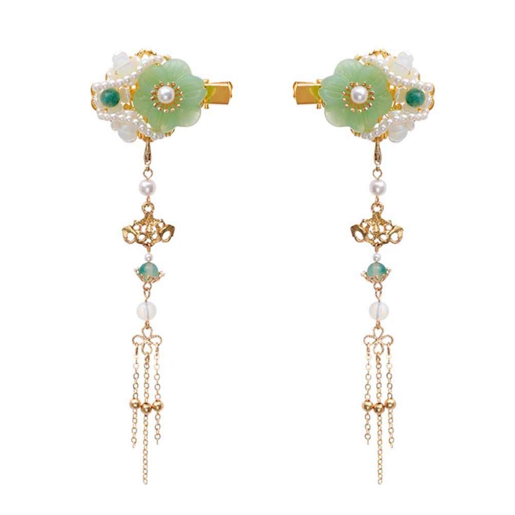 Minkissy 2pcs Chinese Style Hair Clips with Flower Design, Jade Tassels & Pearl Duckbill Clips for Women - Green | Vintage Hair Accessories for Weddings, Parties & Daily Wear