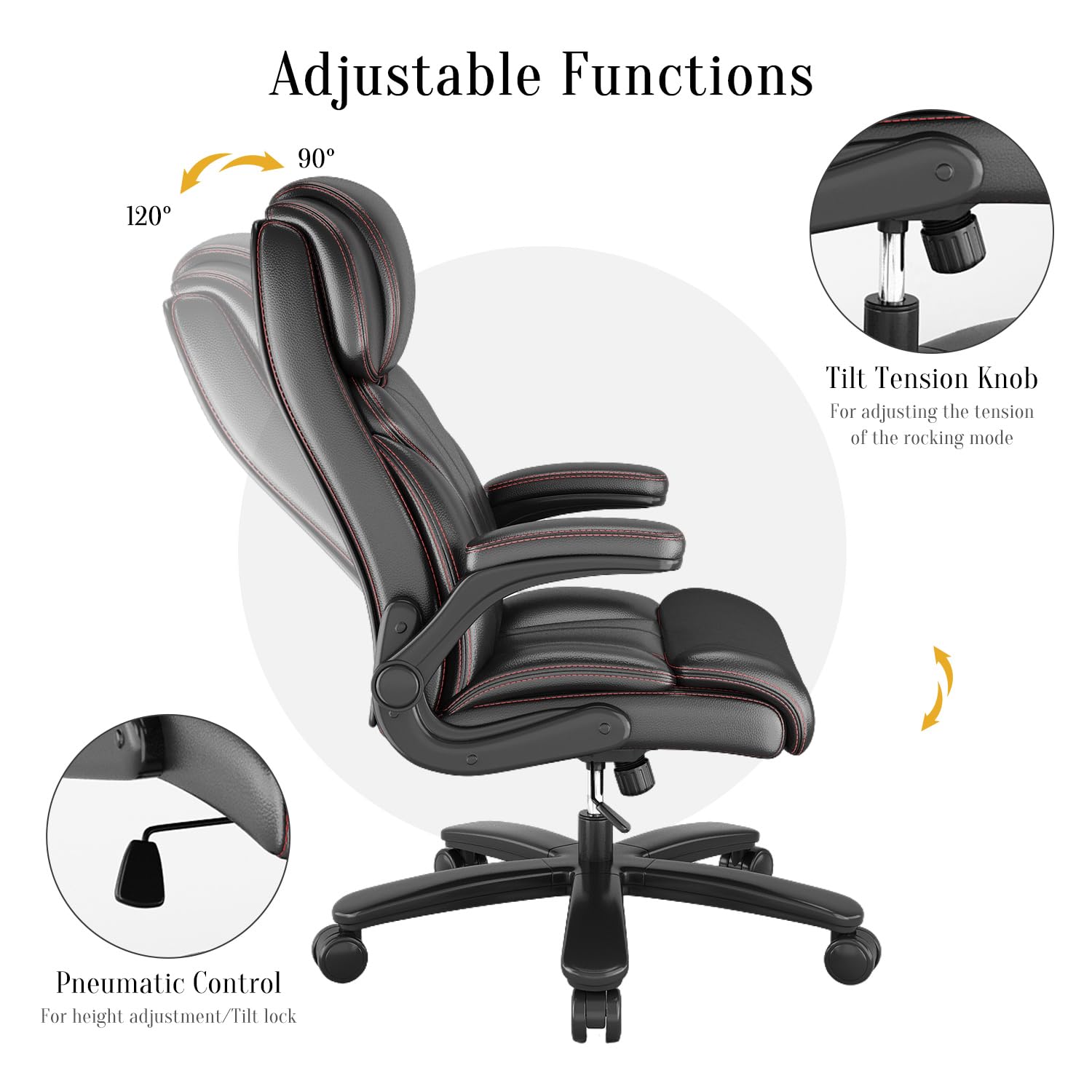 Premium Black Leather Executive Office Chair - High Back Ergonomic Computer Desk Chair with Wheels, Flip-Up Arms & Lumbar Support for Home and Office Use - Perfect for Long Work Hours and Professional Workspaces