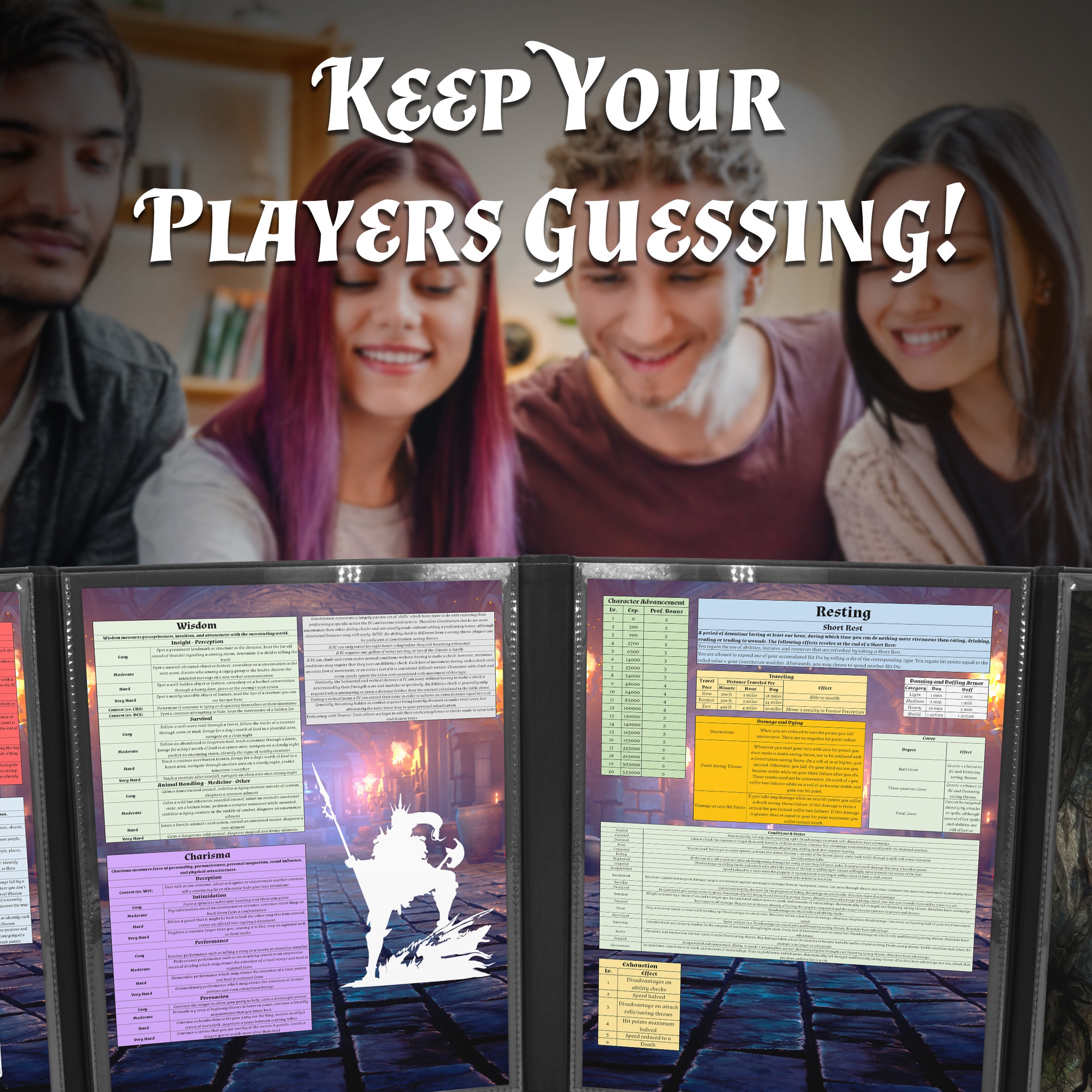 Faux Leather 4-Panel DM Screen with Wet Erase Pockets - Embossed Folding Game Master Screen for Dungeons & Dragons RPG - Black/Brown (Inserts Not Included) - Perfect for Tabletop Gaming Sessions & RPG Campaigns