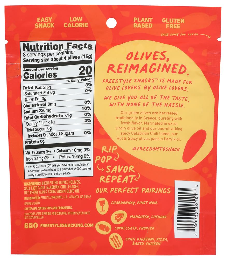 Freestyle Snacks Spicy Green Olives - 4 oz | Hot & Flavorful Mediterranean Snack | Perfect for Salads, Charcuterie Boards & Healthy Snacking