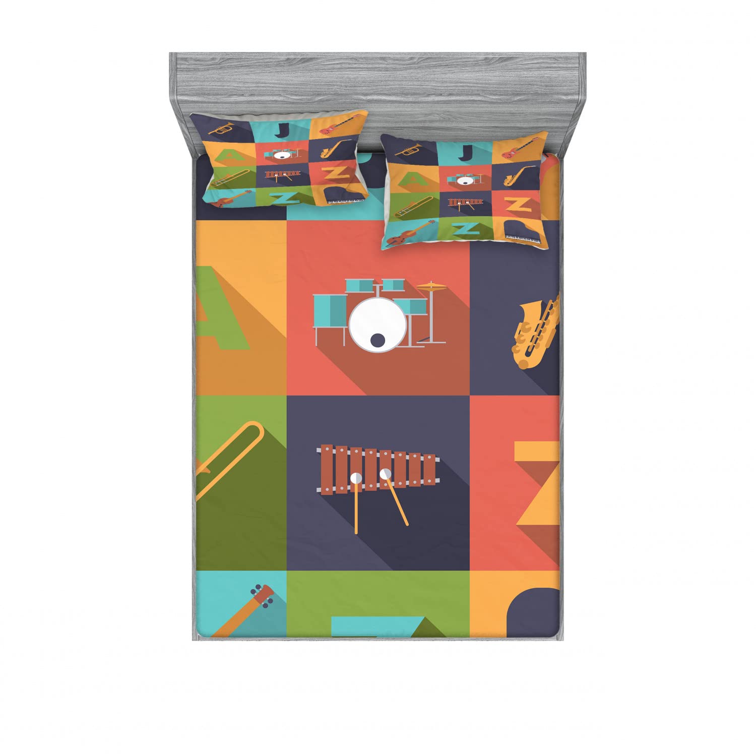 Ambesonne 4-Piece Queen Size Bedding Set - 2 Fitted Sheets & 4 Pillow Shams with Vibrant Jazz Music Equipment Design, Colorful Decor for Modern Bedrooms | Perfect for Guest Rooms, Dorms & Music Lovers