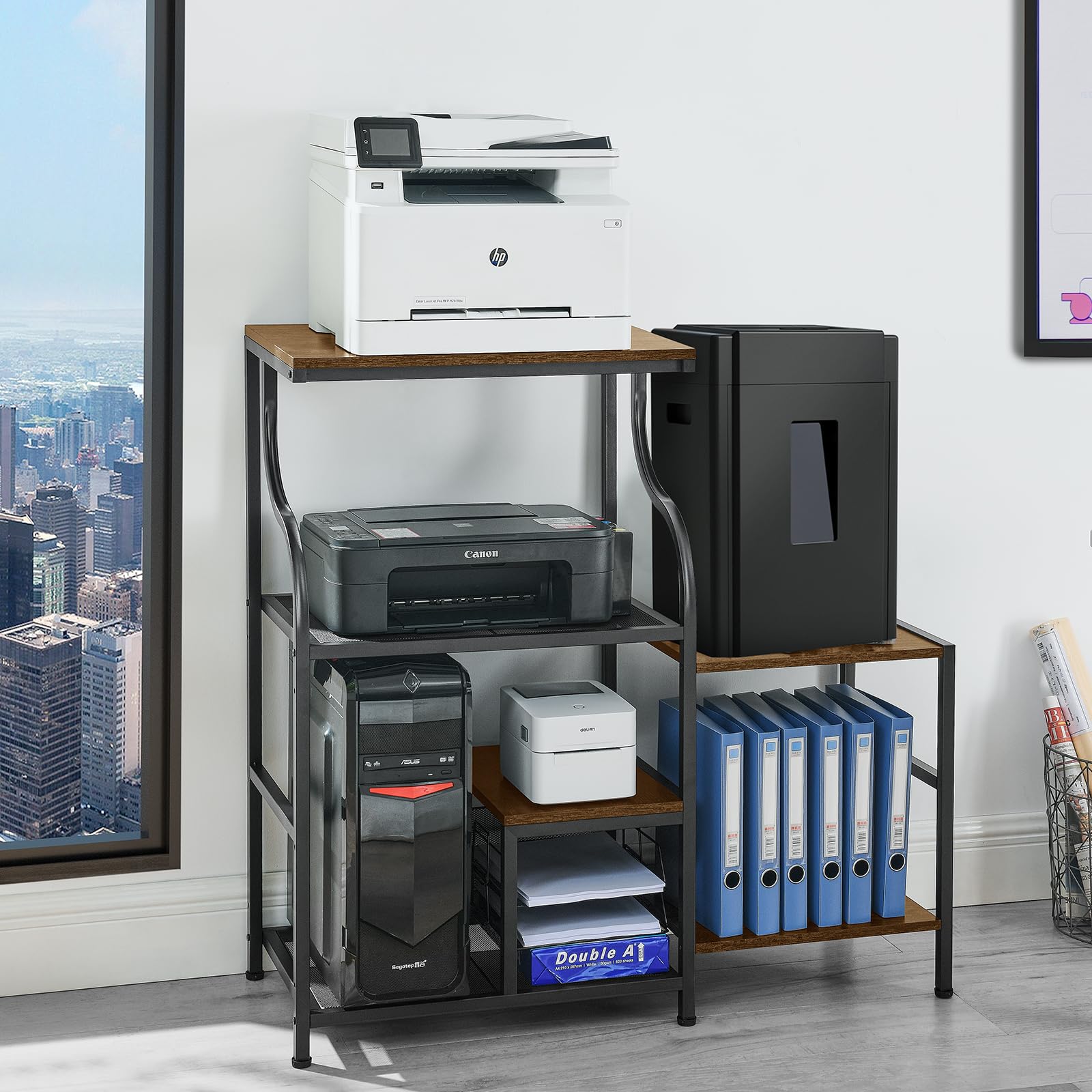 3-Tier Printer Stand with Storage Shelf - Large Home Office Desk Organizer for Printer, Scanner, Fax Machine, Books & Files - Rustic Brown (41.7