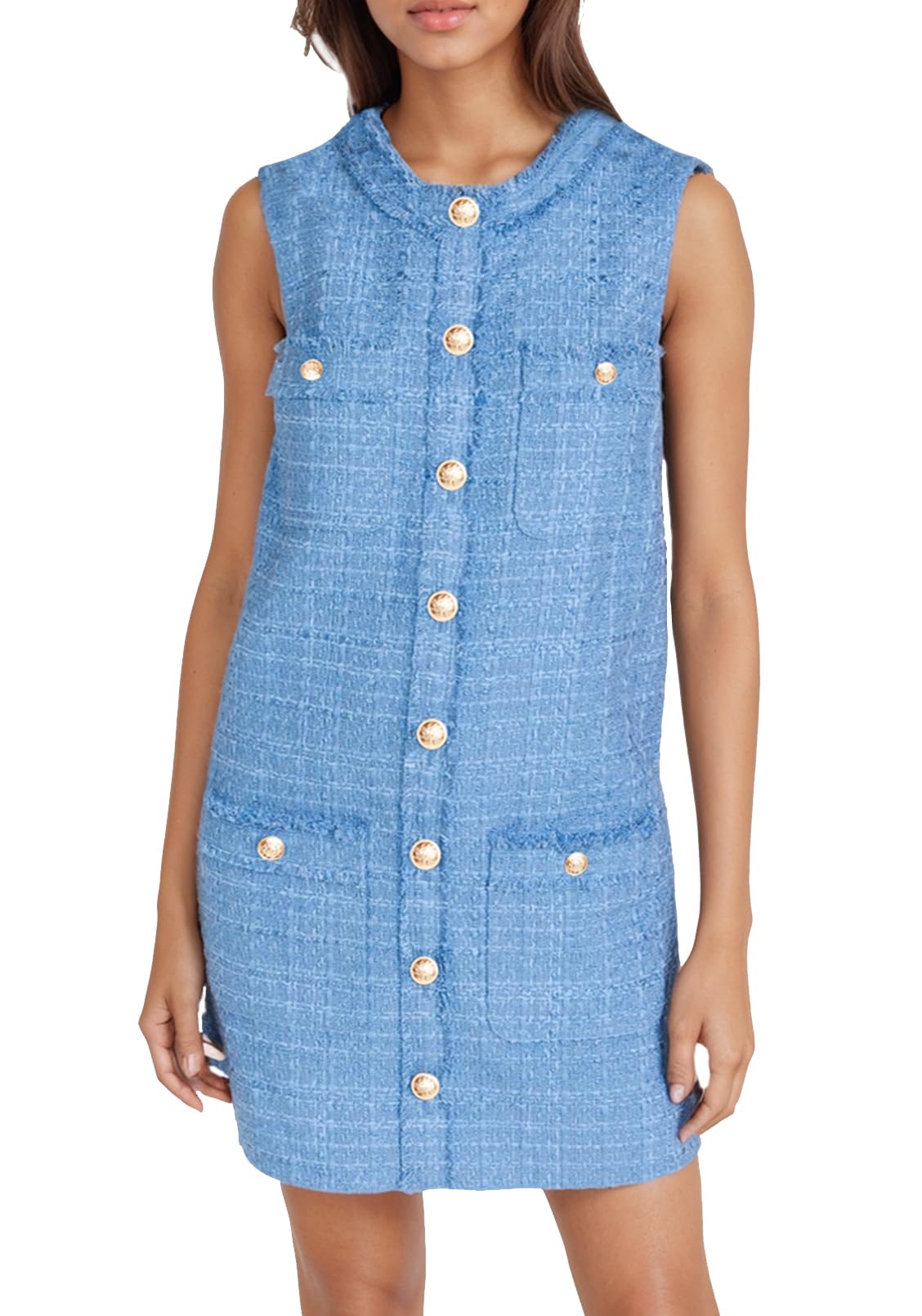 Kedera Women's Tweed Jackie Dress - Elegant Crew Neck Sleeveless Button Bodycon Mini Dress for Cocktail Parties, Date Nights & Office Wear | Fashionable & Comfortable Outfit