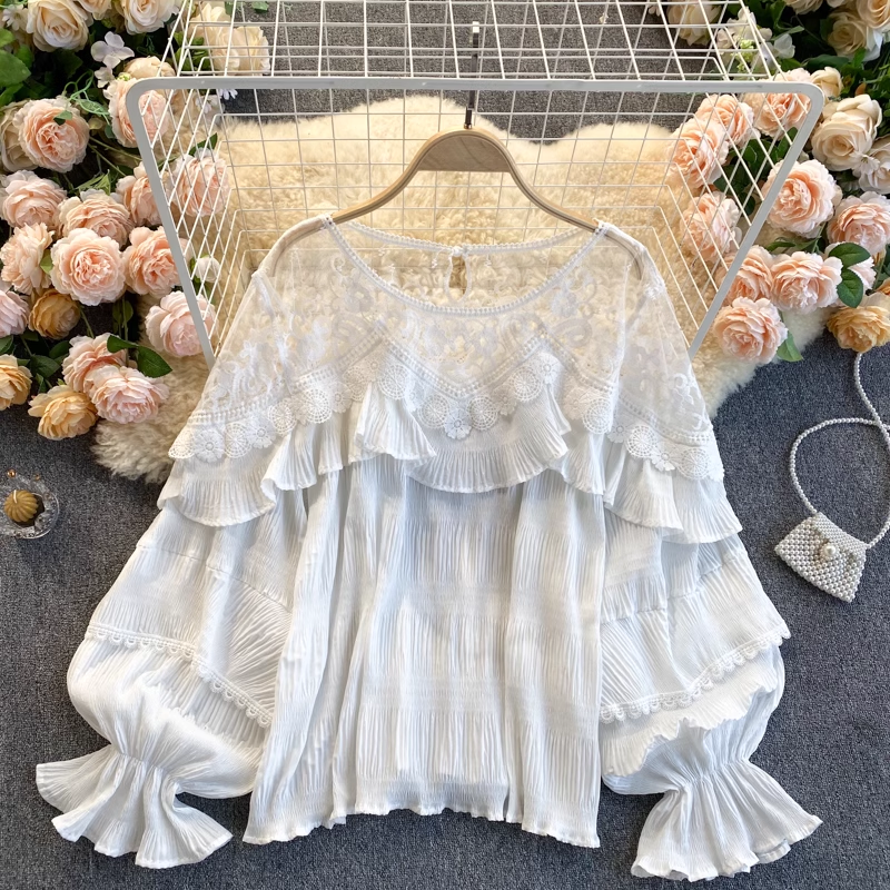 Sheer French Lace Mesh Blouse with Ruffled Puff Sleeves - Elegant Chiffon Top for Women | Perfect for Date Night, Office Wear & Special Occasions